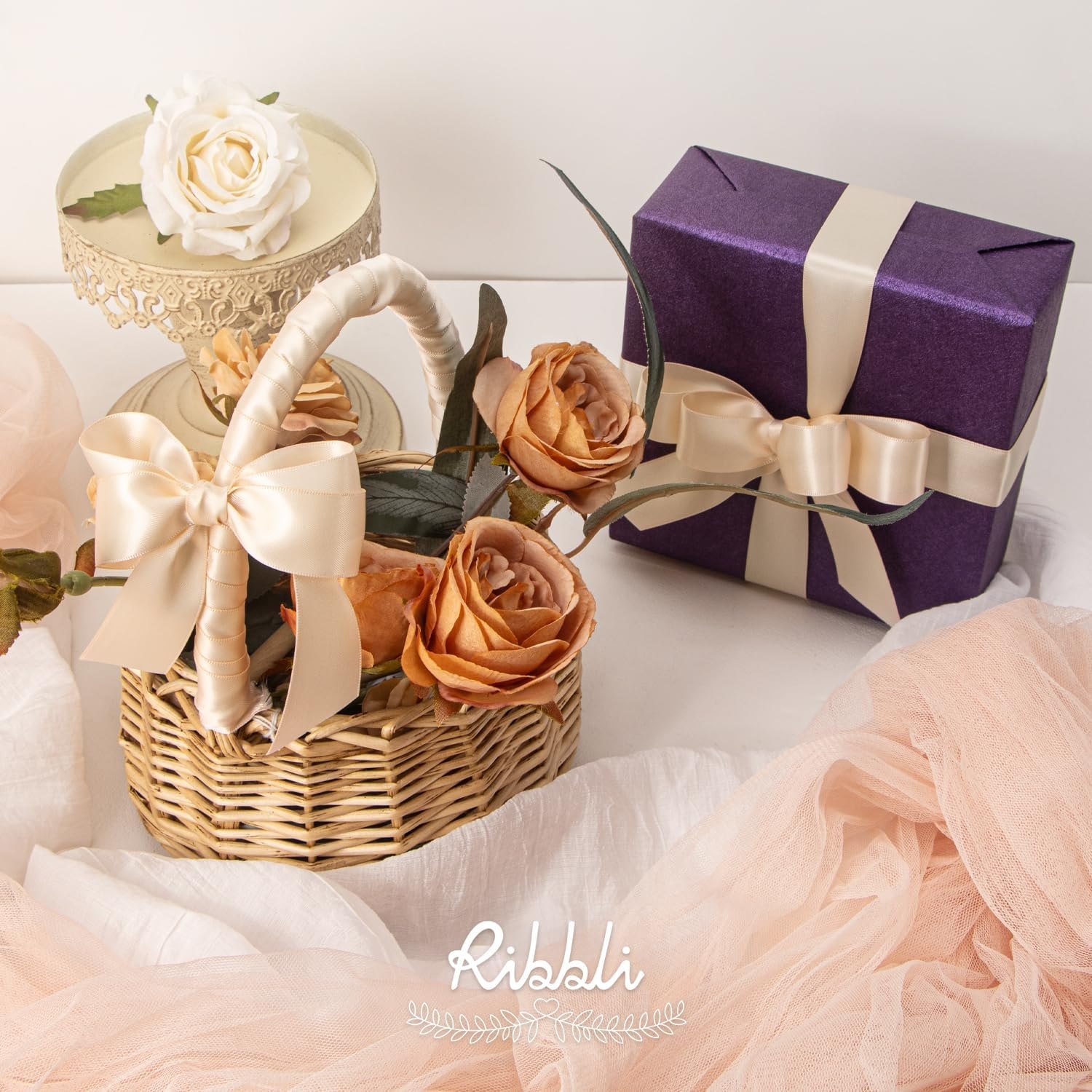 Ribbli Dusty Blue Satin Ribbon Double Faced Satin 1-1/2 Inch x Continuous 50 Yards-Blue Ribbon for Gift Wrapping Crafts Wedding Decoration Bows Bouquet Floral Arrangement(Champagne Pink)