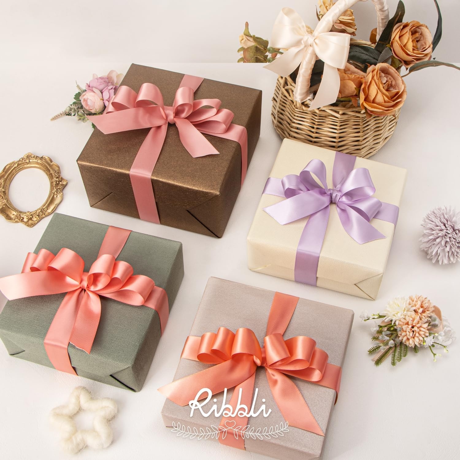 Ribbli Dusty Blue Satin Ribbon Double Faced Satin 1-1/2 Inch x Continuous 50 Yards-Blue Ribbon for Gift Wrapping Crafts Wedding Decoration Bows Bouquet Floral Arrangement(Champagne Pink)