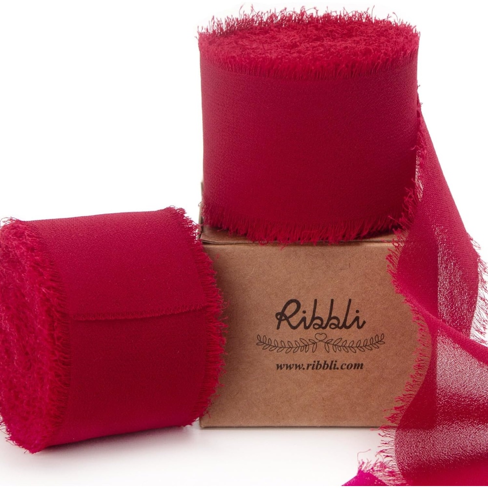 Ribbli Antique Mauve Chiffon Ribbon 1-1/2 inch x 20 Yard Handmade Fringe Chiffon Silk Ribbon,Black Ribbon for Wedding Invitations, Bridal Bouquets Wrapping, Flower Arrangement Decoration(Dark Red)
