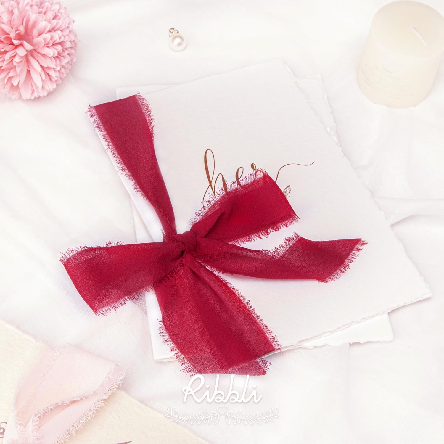 Ribbli Antique Mauve Chiffon Ribbon 1-1/2 inch x 20 Yard Handmade Fringe Chiffon Silk Ribbon,Black Ribbon for Wedding Invitations, Bridal Bouquets Wrapping, Flower Arrangement Decoration(Dark Red)