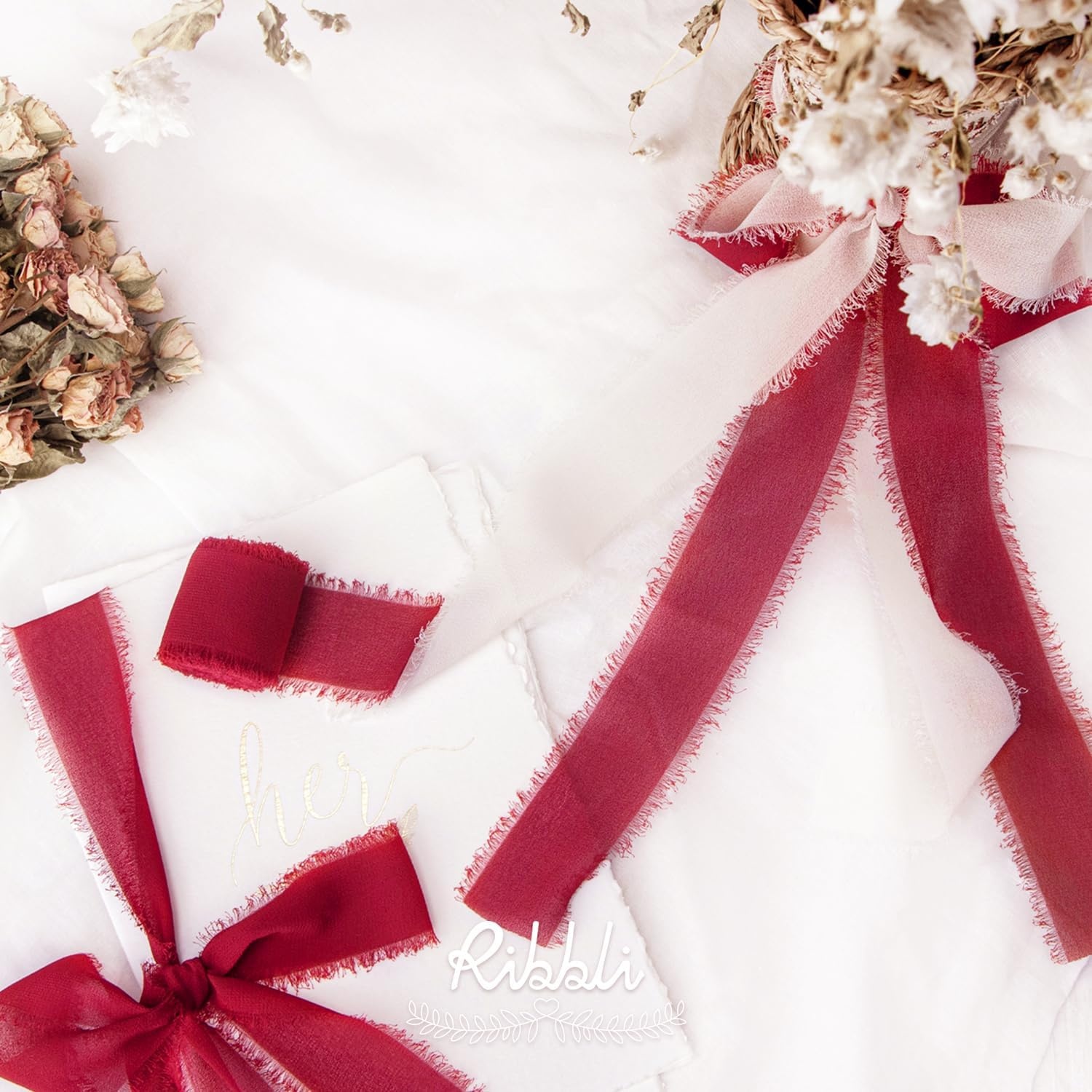 Ribbli Antique Mauve Chiffon Ribbon 1-1/2 inch x 20 Yard Handmade Fringe Chiffon Silk Ribbon,Black Ribbon for Wedding Invitations, Bridal Bouquets Wrapping, Flower Arrangement Decoration(Dark Red)