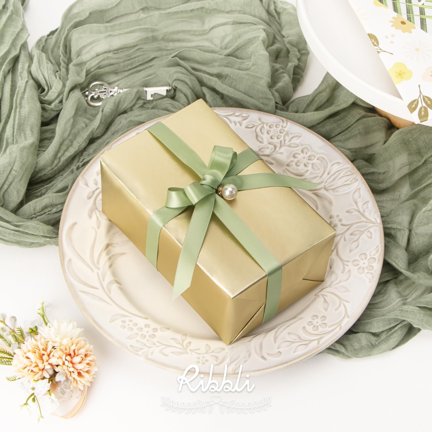 Ribbli Dusty Blue Satin Ribbon Double Faced Satin 1-1/2 Inch x Continuous 50 Yards-Blue Ribbon for Gift Wrapping Crafts Wedding Decoration Bows Bouquet Floral Arrangement(Green Dusty Sage)