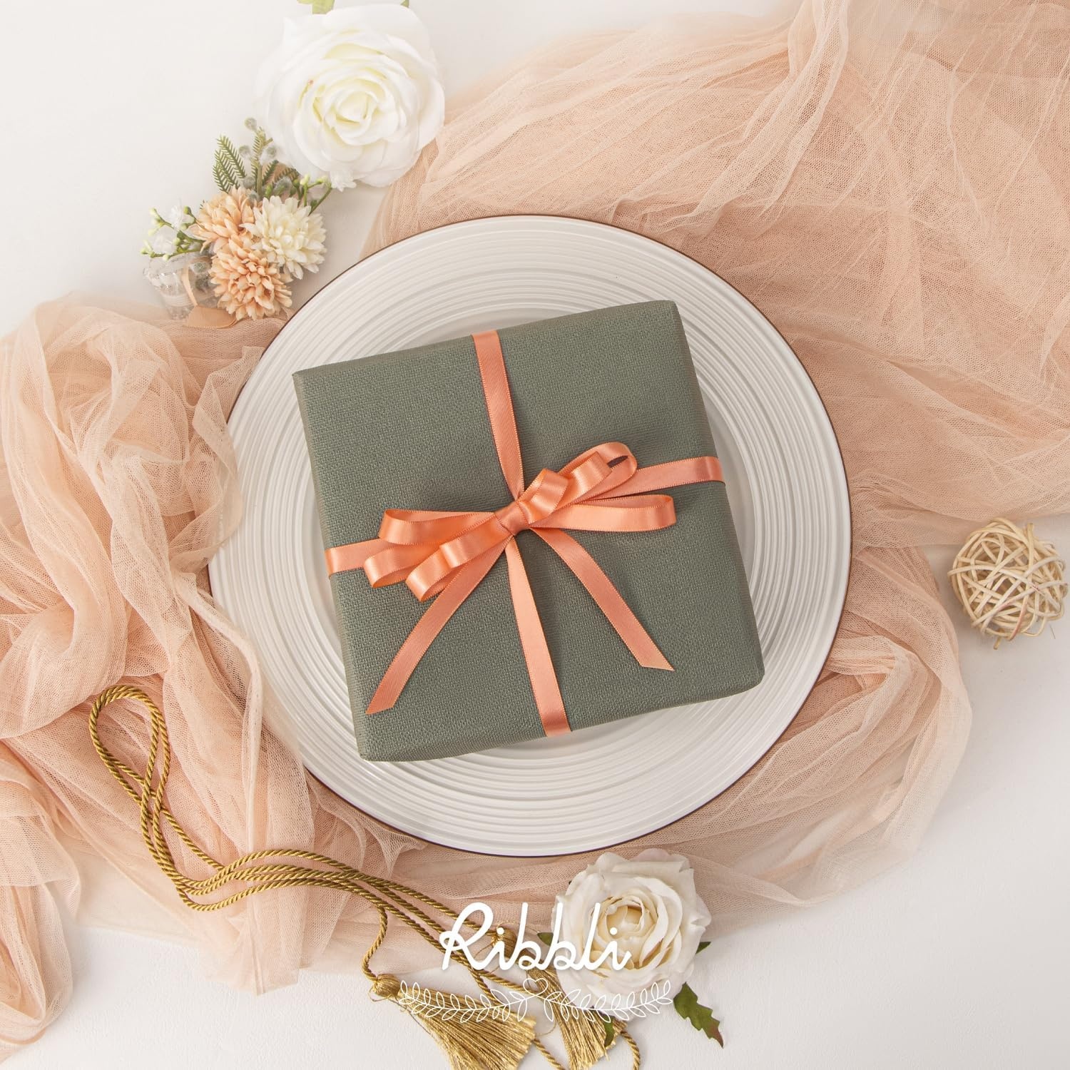 Ribbli Champagne Gold Satin Ribbon Double Faced Satin 3/8 Inch x Continuous 50 Yards-Champagne Ribbon for Gift Wrapping Crafts Wedding Decoration Bows Bouquet Floral Arrangement(Peach)