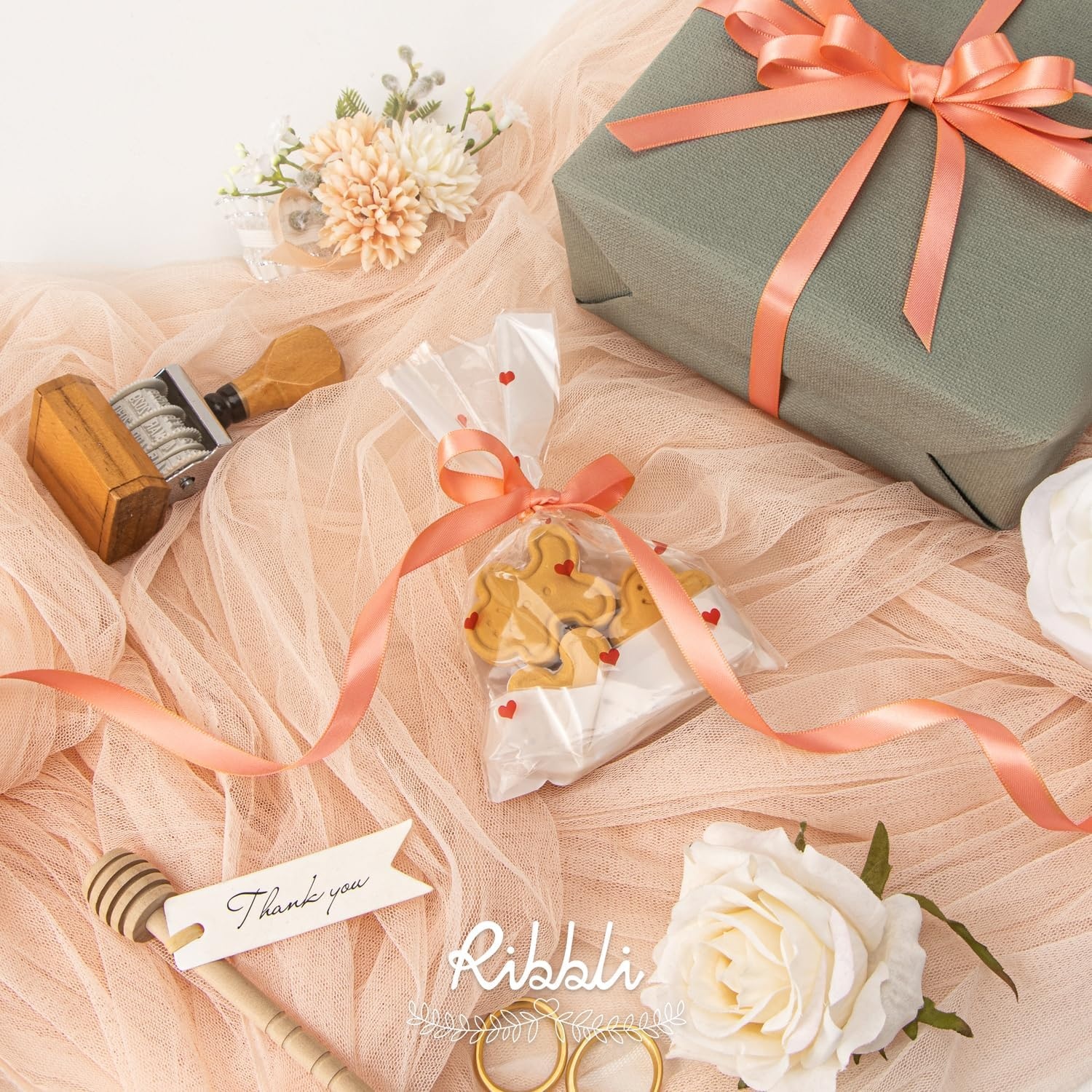 Ribbli Champagne Gold Satin Ribbon Double Faced Satin 3/8 Inch x Continuous 50 Yards-Champagne Ribbon for Gift Wrapping Crafts Wedding Decoration Bows Bouquet Floral Arrangement(Peach)