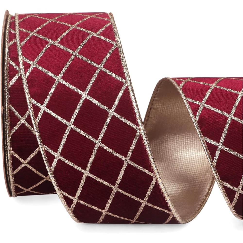 Ribbli Dusty Green Velvet Ribbon Wired with Glitter Diamond Grid 2-1/2 Inch Christmas Ribbon for Christmas Tree Decoration Big Bow Gift Wrapping Crafts Wreaths Garland Supplies – 10 Yards(Burgundy)