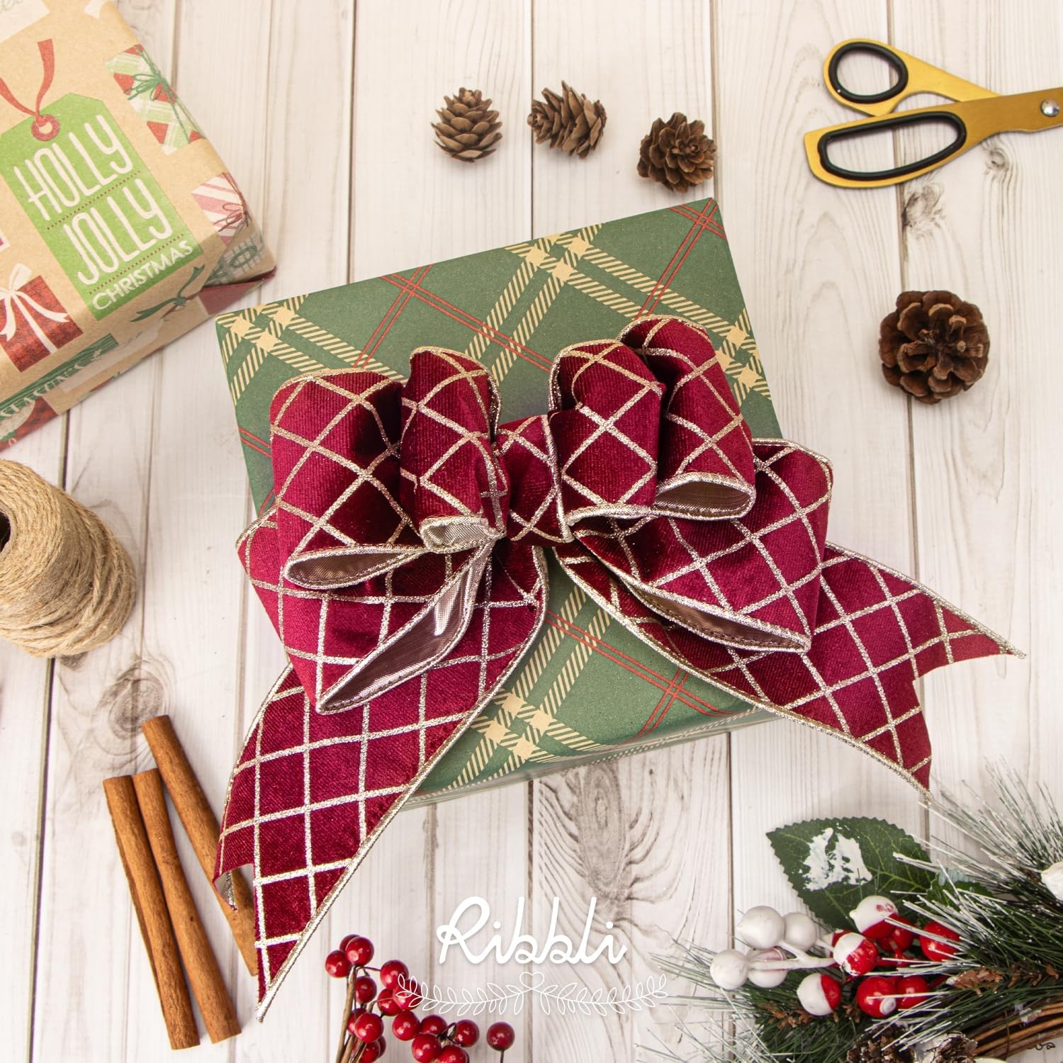 Ribbli Dusty Green Velvet Ribbon Wired with Glitter Diamond Grid 2-1/2 Inch Christmas Ribbon for Christmas Tree Decoration Big Bow Gift Wrapping Crafts Wreaths Garland Supplies – 10 Yards(Burgundy)