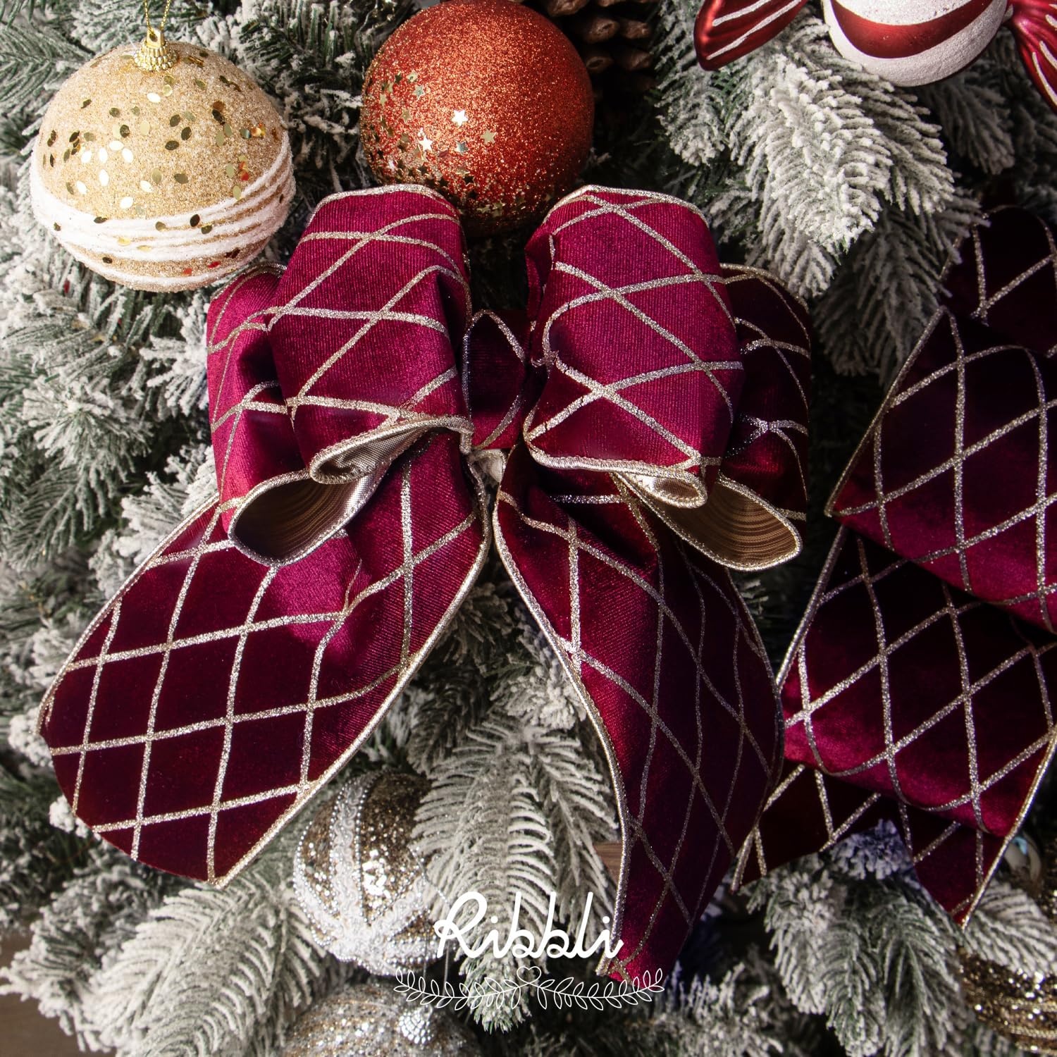 Ribbli Dusty Green Velvet Ribbon Wired with Glitter Diamond Grid 2-1/2 Inch Christmas Ribbon for Christmas Tree Decoration Big Bow Gift Wrapping Crafts Wreaths Garland Supplies – 10 Yards(Burgundy)
