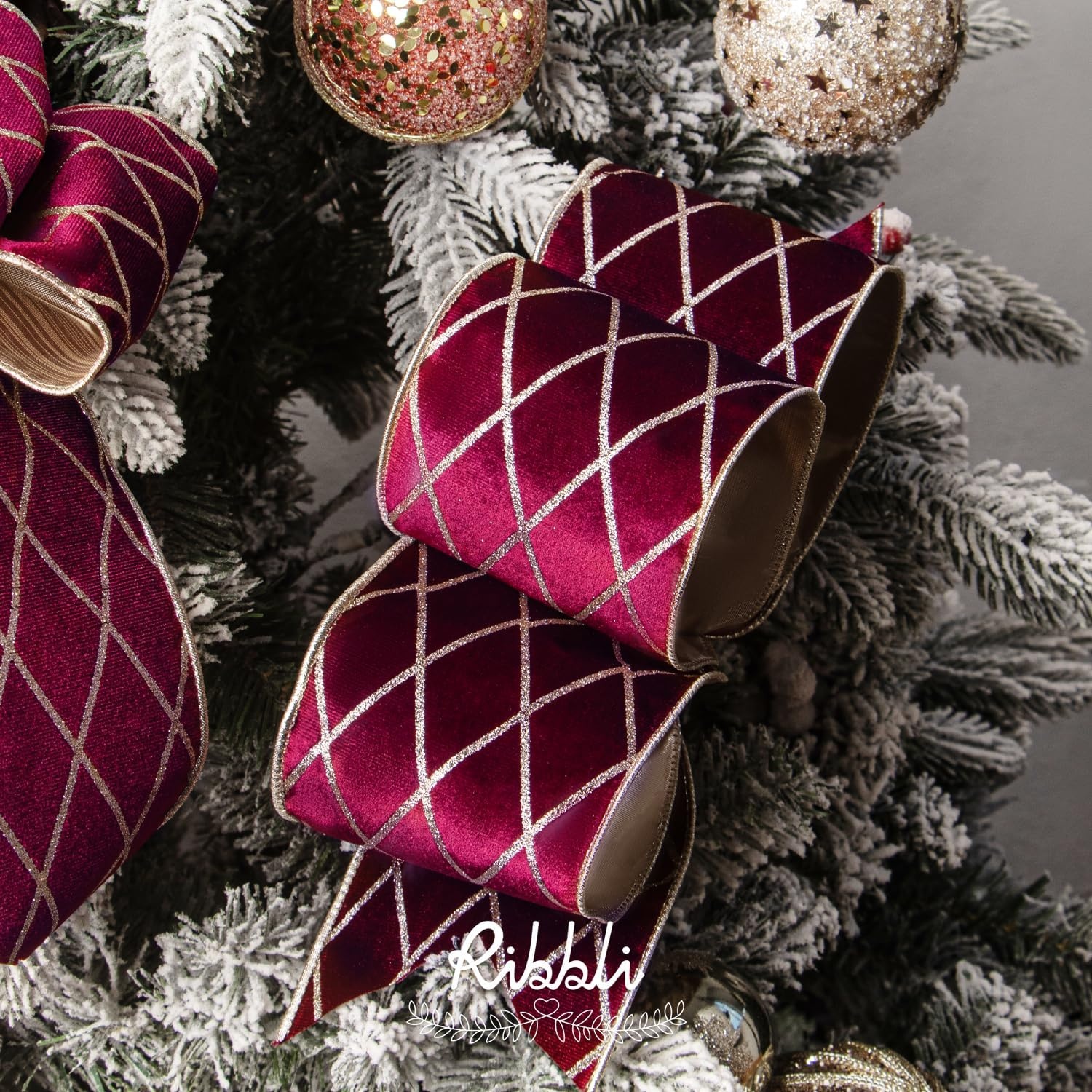 Ribbli Dusty Green Velvet Ribbon Wired with Glitter Diamond Grid 2-1/2 Inch Christmas Ribbon for Christmas Tree Decoration Big Bow Gift Wrapping Crafts Wreaths Garland Supplies – 10 Yards(Burgundy)