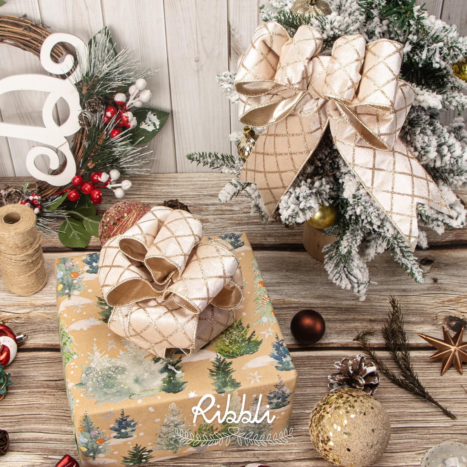 Ribbli Dusty Green Velvet Ribbon Wired with Glitter Diamond Grid 2-1/2 Inch Christmas Ribbon for Christmas Tree Decoration Big Bow Gift Wrapping Crafts Wreaths Garland Supplies – 10 Yards(Light Champagne)