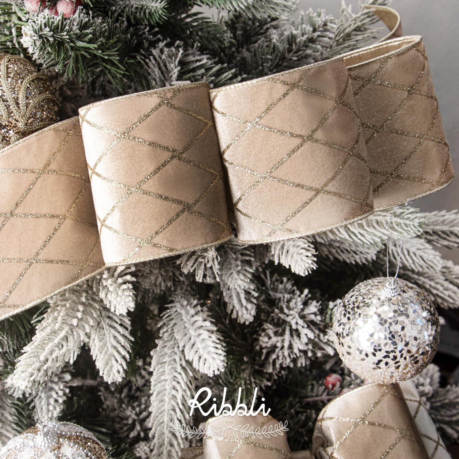 Ribbli Dusty Green Velvet Ribbon Wired with Glitter Diamond Grid 2-1/2 Inch Christmas Ribbon for Christmas Tree Decoration Big Bow Gift Wrapping Crafts Wreaths Garland Supplies – 10 Yards(Light Champagne)