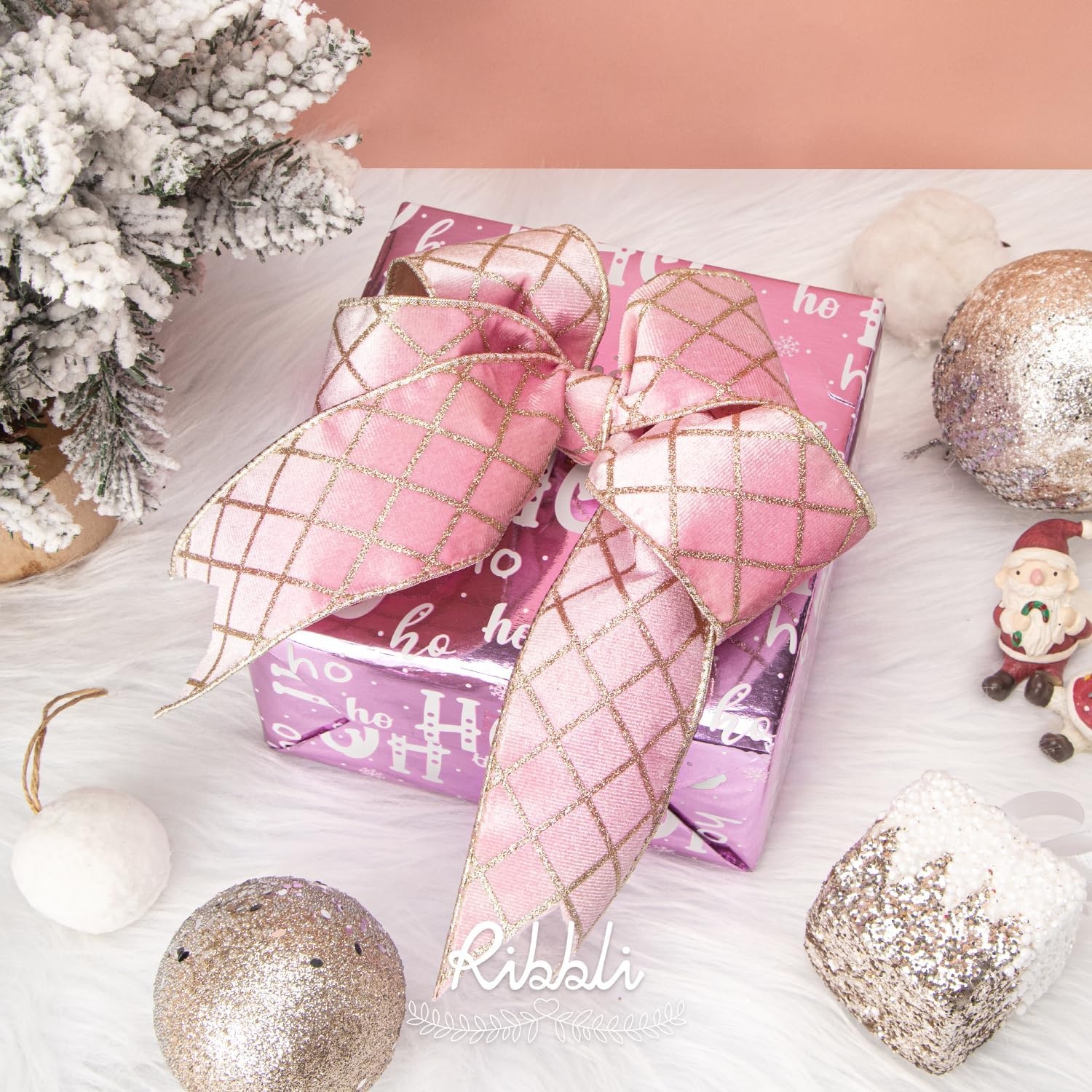 Ribbli Dusty Green Velvet Ribbon Wired with Glitter Diamond Grid 2-1/2 Inch Christmas Ribbon for Christmas Tree Decoration Big Bow Gift Wrapping Crafts Wreaths Garland Supplies – 10 Yards(Light Pink)