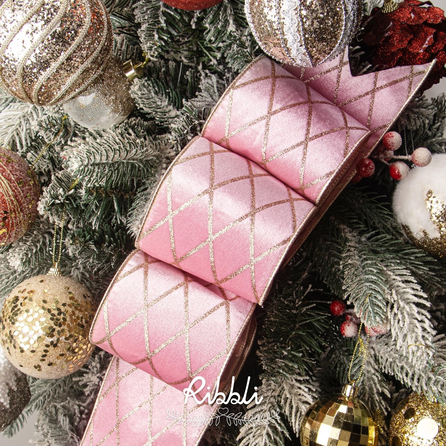 Ribbli Dusty Green Velvet Ribbon Wired with Glitter Diamond Grid 2-1/2 Inch Christmas Ribbon for Christmas Tree Decoration Big Bow Gift Wrapping Crafts Wreaths Garland Supplies – 10 Yards(Light Pink)