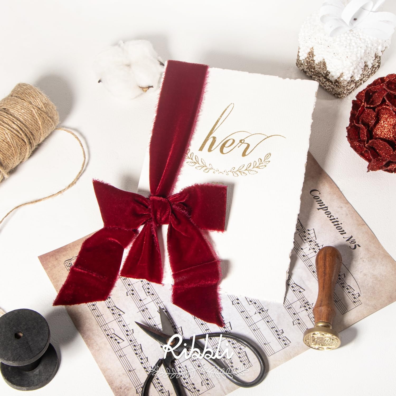 Ribbli Light Champagne Velvet Ribbon 1.5 Inch Handmade Frayed Christmas Ribbon for Gift Wrapping Christmas Tree Ornament Wreath Craft Home Decor -Total 3 Yards with Wooden Spool(Burgundy)