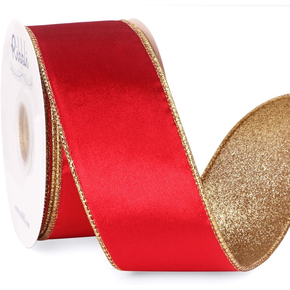 Ribbli Moss Green Velvet Ribbon Wired 2.5 Inch Glossy Velvet with Gold Glitter Christmas Ribbon for Christmas Tree Decoration Big Bow Gift Wrapping Crafts Wreaths Supplies – Continuous 10 Yards(Red)