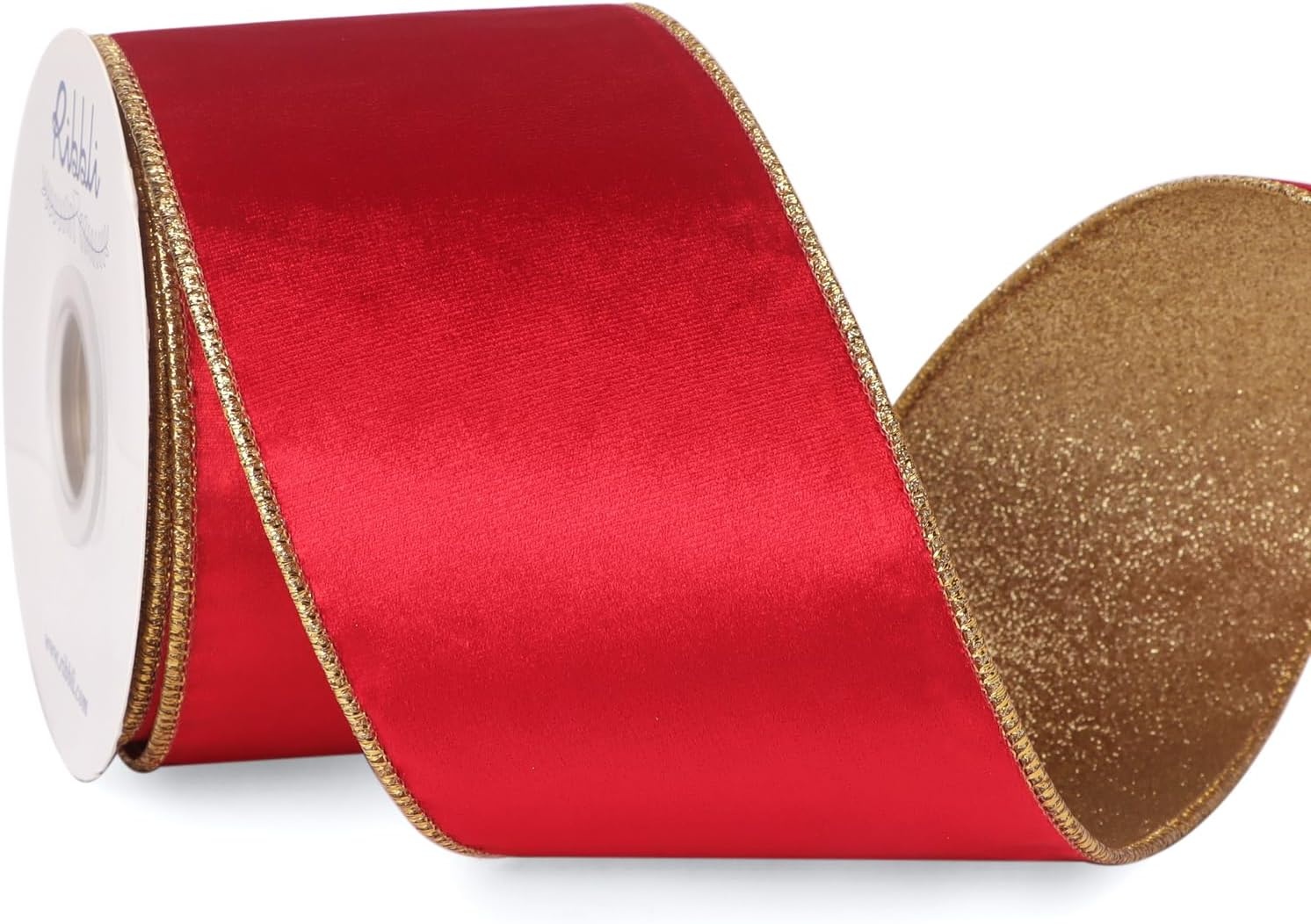 Ribbli Moss Green Velvet Ribbon Wired 2.5 Inch Glossy Velvet with Gold Glitter Christmas Ribbon for Christmas Tree Decoration Big Bow Gift Wrapping Crafts Wreaths Supplies – Continuous 10 Yards(Red)