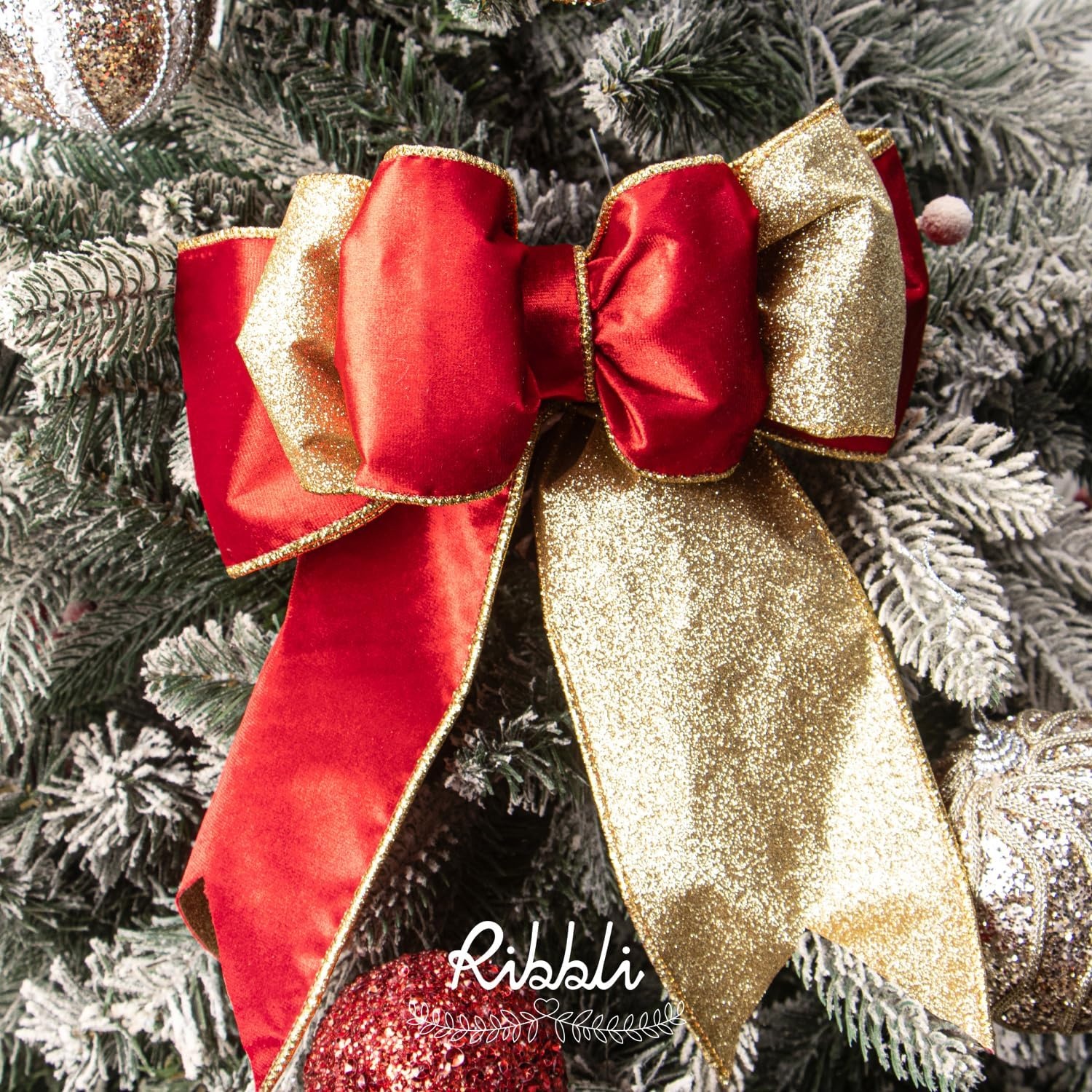 Ribbli Moss Green Velvet Ribbon Wired 2.5 Inch Glossy Velvet with Gold Glitter Christmas Ribbon for Christmas Tree Decoration Big Bow Gift Wrapping Crafts Wreaths Supplies – Continuous 10 Yards(Red)