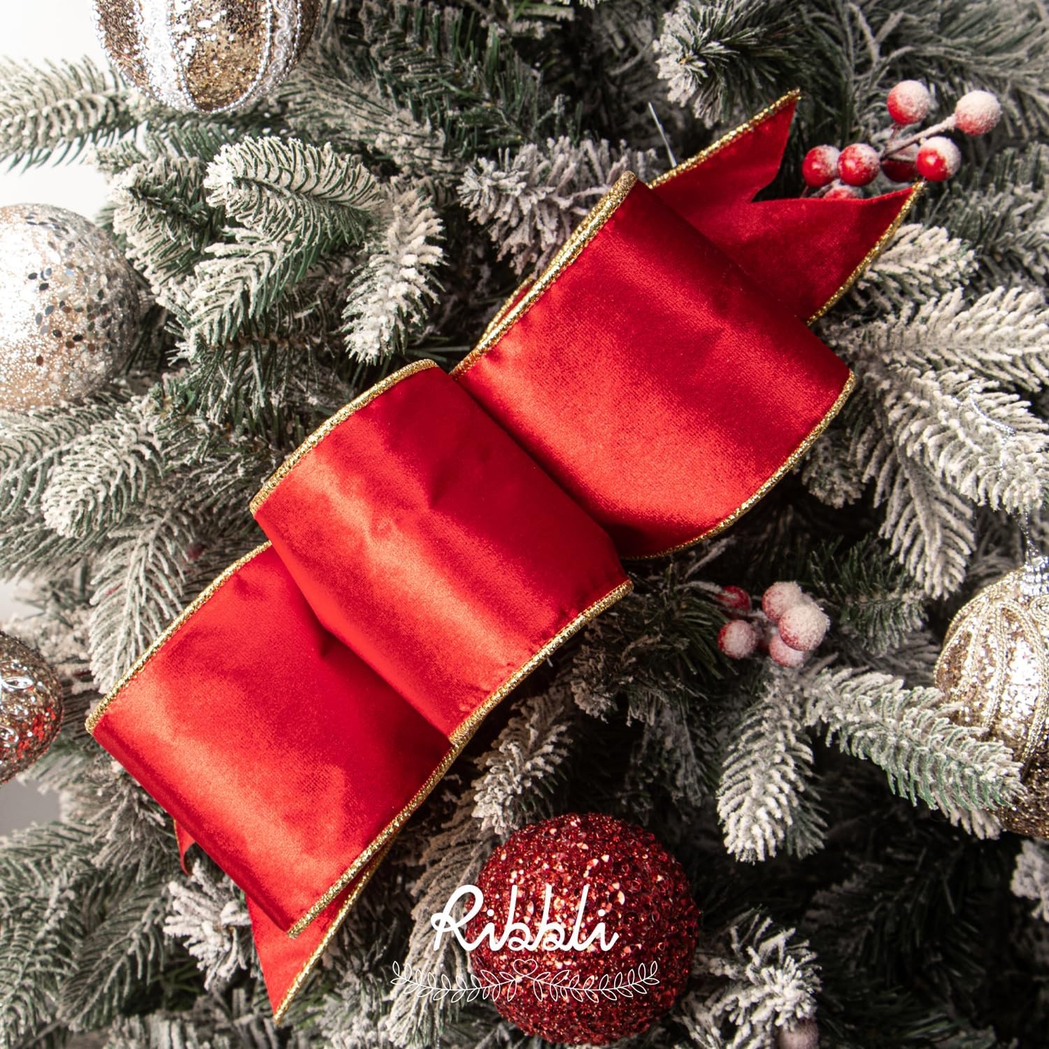 Ribbli Moss Green Velvet Ribbon Wired 2.5 Inch Glossy Velvet with Gold Glitter Christmas Ribbon for Christmas Tree Decoration Big Bow Gift Wrapping Crafts Wreaths Supplies – Continuous 10 Yards(Red)