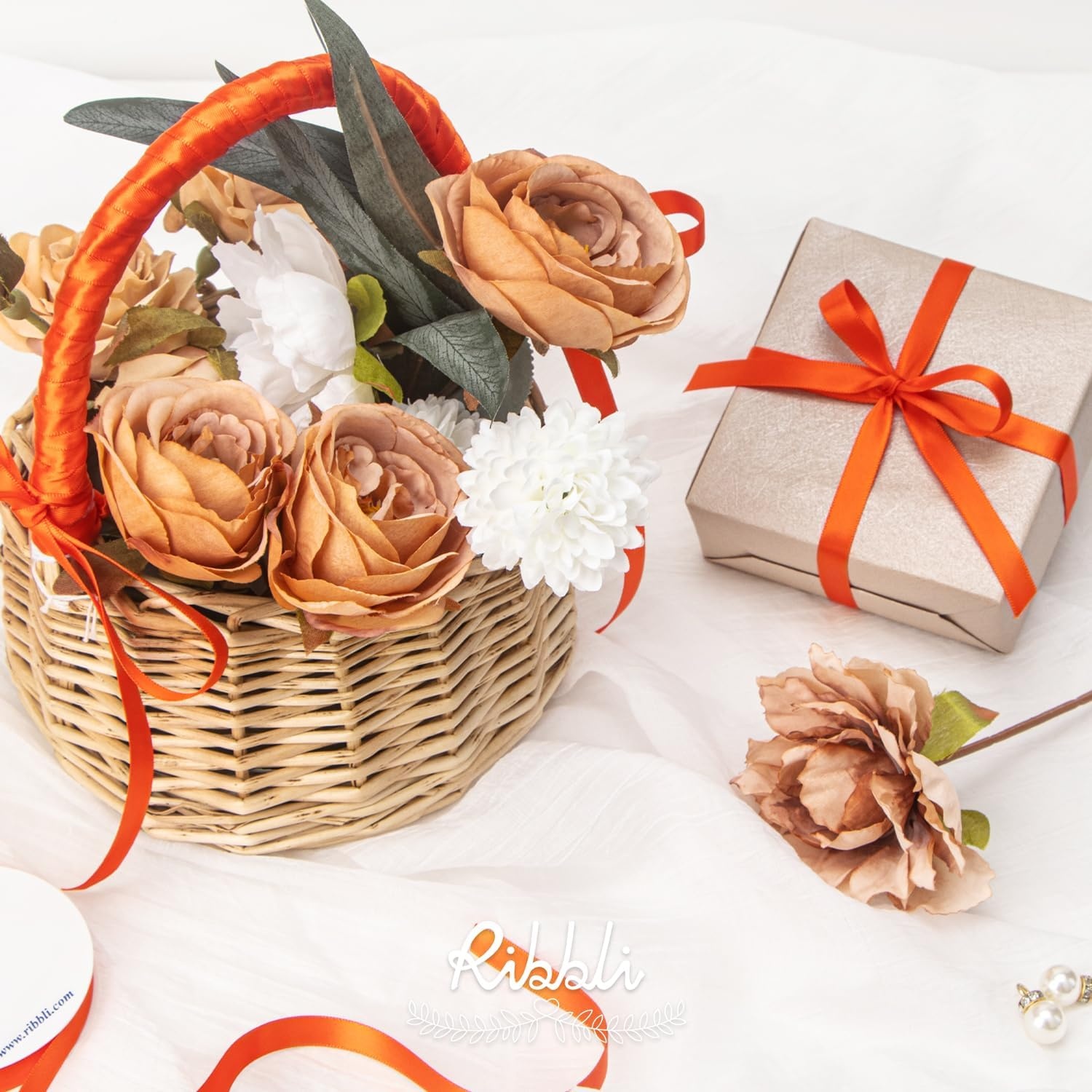 Ribbli Champagne Gold Satin Ribbon Double Faced Satin 3/8 Inch x Continuous 50 Yards-Champagne Ribbon for Gift Wrapping Crafts Wedding Decoration Bows Bouquet Floral Arrangement(Orange Torrid)