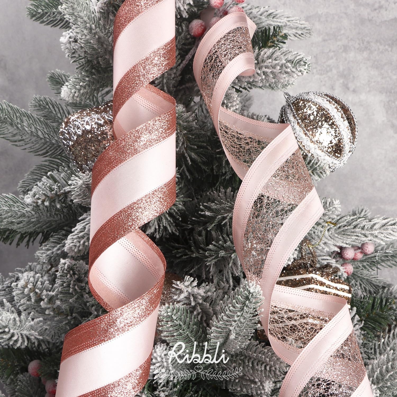 Ribbli Champagne Gold Wired Ribbon Satin with Glitter Edge 2.5 Inch Champagne Christmas Ribbon for Tree Gift Wrapping Wreaths Garland Topper Bows Crafts Home Decor -10 Yards(Rose Gold)
