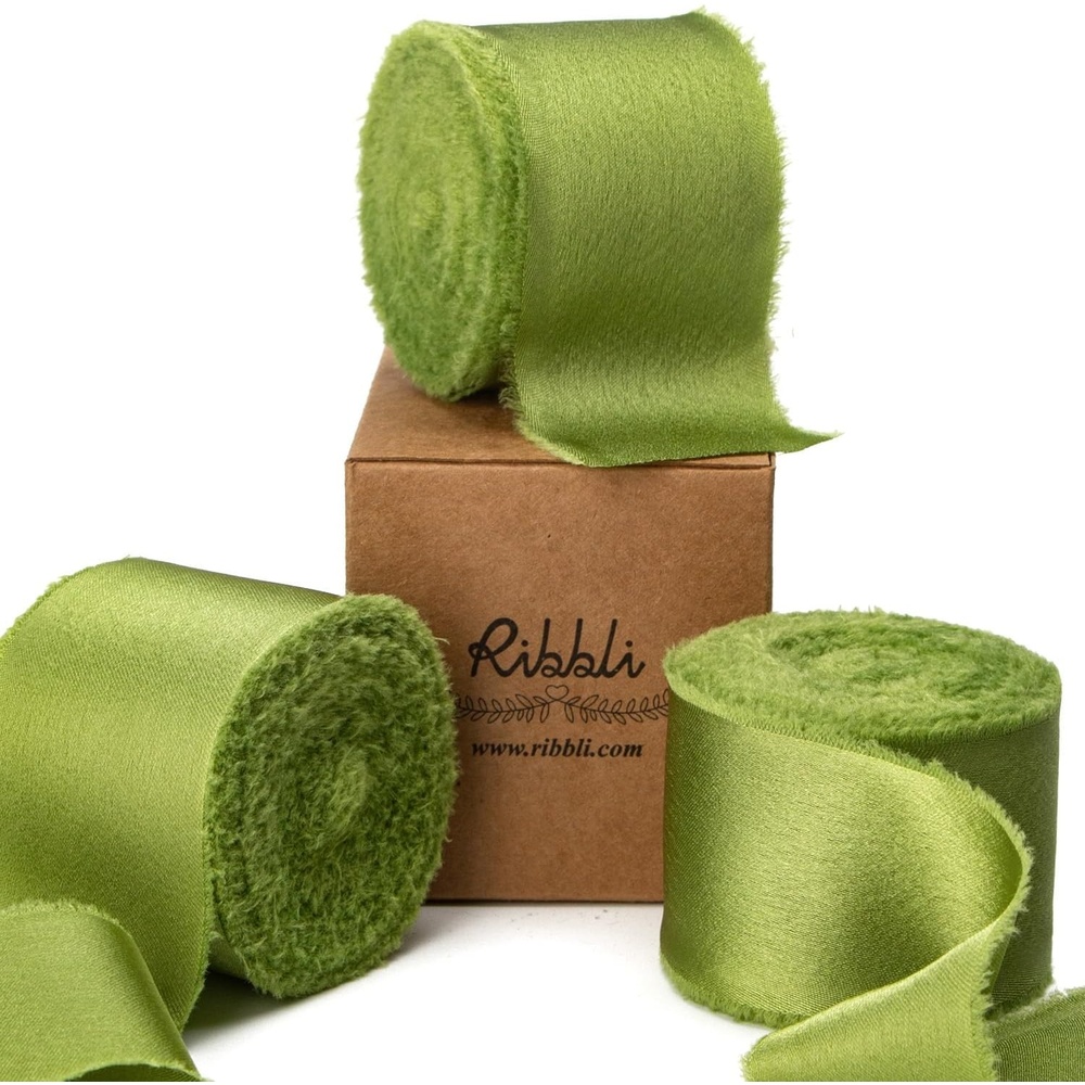 Ribbli Terracotta Silk Satin Ribbon 1.5 Inch x 30 Yard Handmade Frayed Chiffon Burnt Orange Ribbon for Gift Wrapping Wedding Invitations Bridal Bouquets Home Decor(Avocado Green)