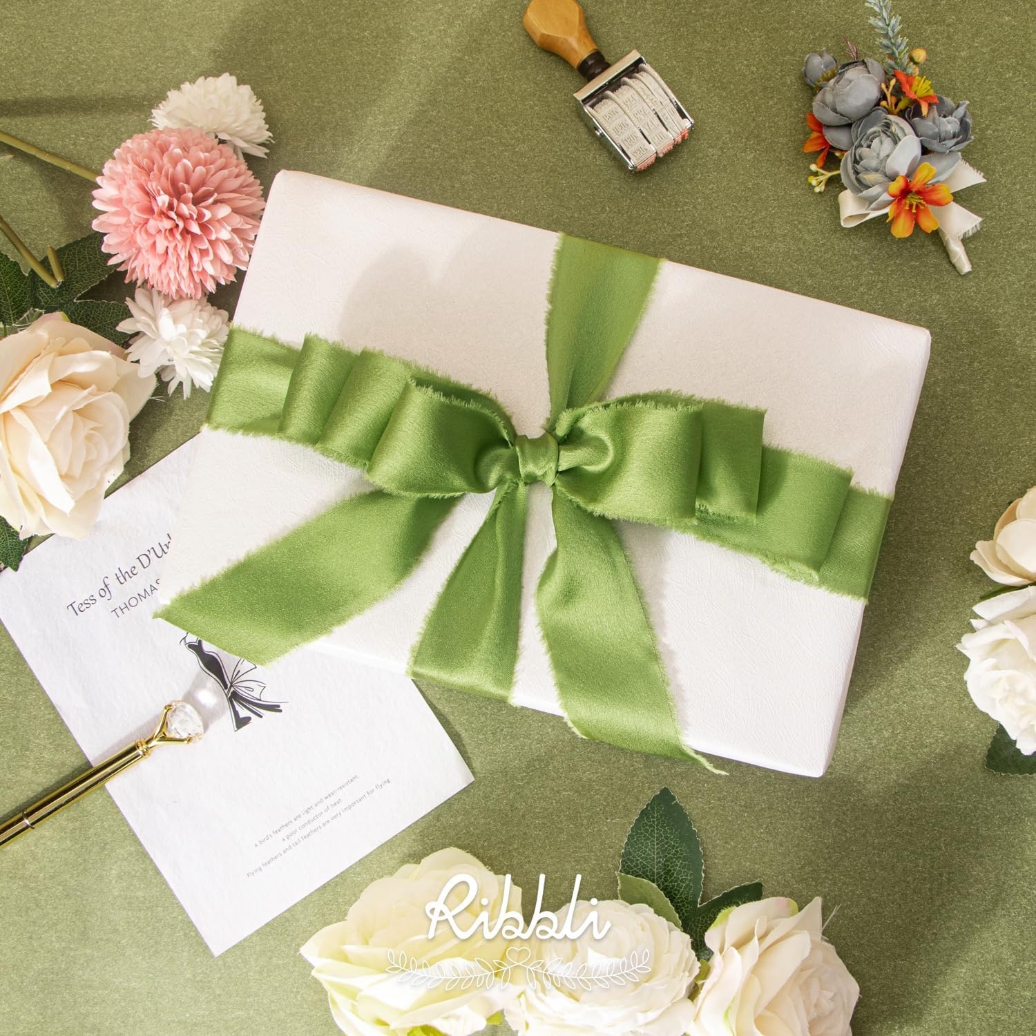 Ribbli Terracotta Silk Satin Ribbon 1.5 Inch x 30 Yard Handmade Frayed Chiffon Burnt Orange Ribbon for Gift Wrapping Wedding Invitations Bridal Bouquets Home Decor(Avocado Green)
