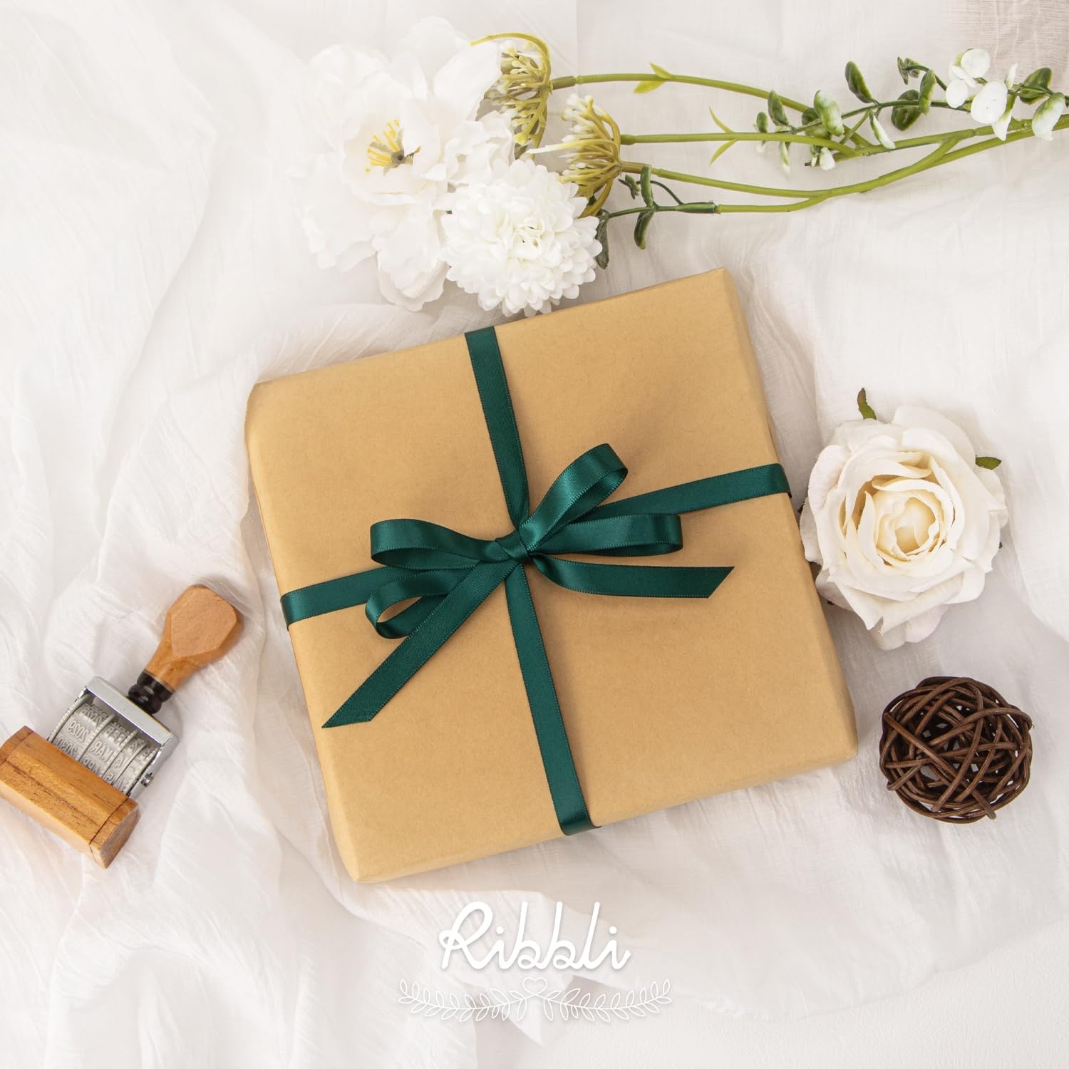 Ribbli Champagne Gold Satin Ribbon Double Faced Satin 3/8 Inch x Continuous 50 Yards-Champagne Ribbon for Gift Wrapping Crafts Wedding Decoration Bows Bouquet Floral Arrangement(Green Hunter)