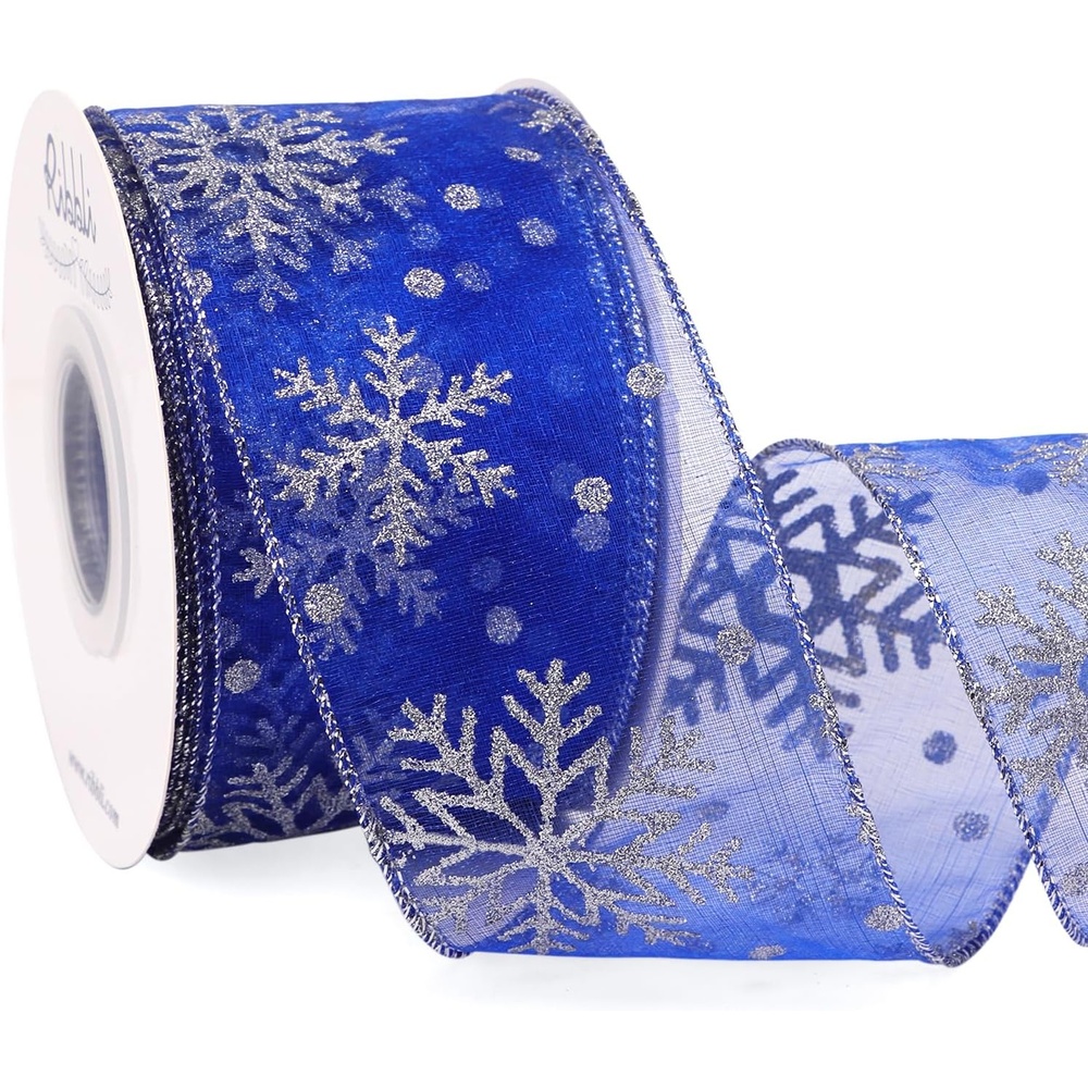 Ribbli Christmas Snowflake Glitter Wired Organza Sheer Ribbon, 2-1/2 Inch x 20 Yards Champagne with Gold Glitter Snowflake Pattern for Tree Decoration(Royal Blue/Silver)