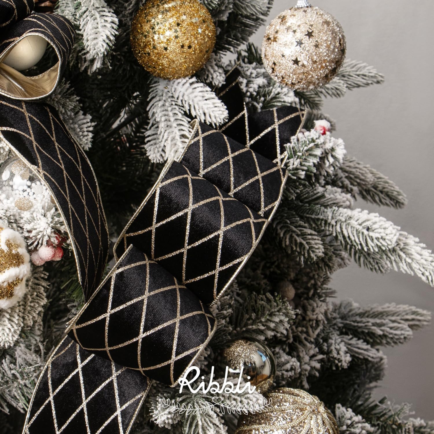 Ribbli Dusty Green Velvet Ribbon Wired with Glitter Diamond Grid 2-1/2 Inch Christmas Ribbon for Christmas Tree Decoration Big Bow Gift Wrapping Crafts Wreaths Garland Supplies – 10 Yards(Black)