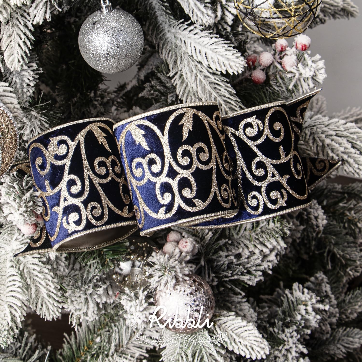 Ribbli Black Velvet Ribbon Wired with Glitter Swirl 4 Inch Christmas Ribbon for Christmas Tree Decoration Big Bow Gift Wrapping Crafts Wreaths Supplies – 10 Yards(Navy)