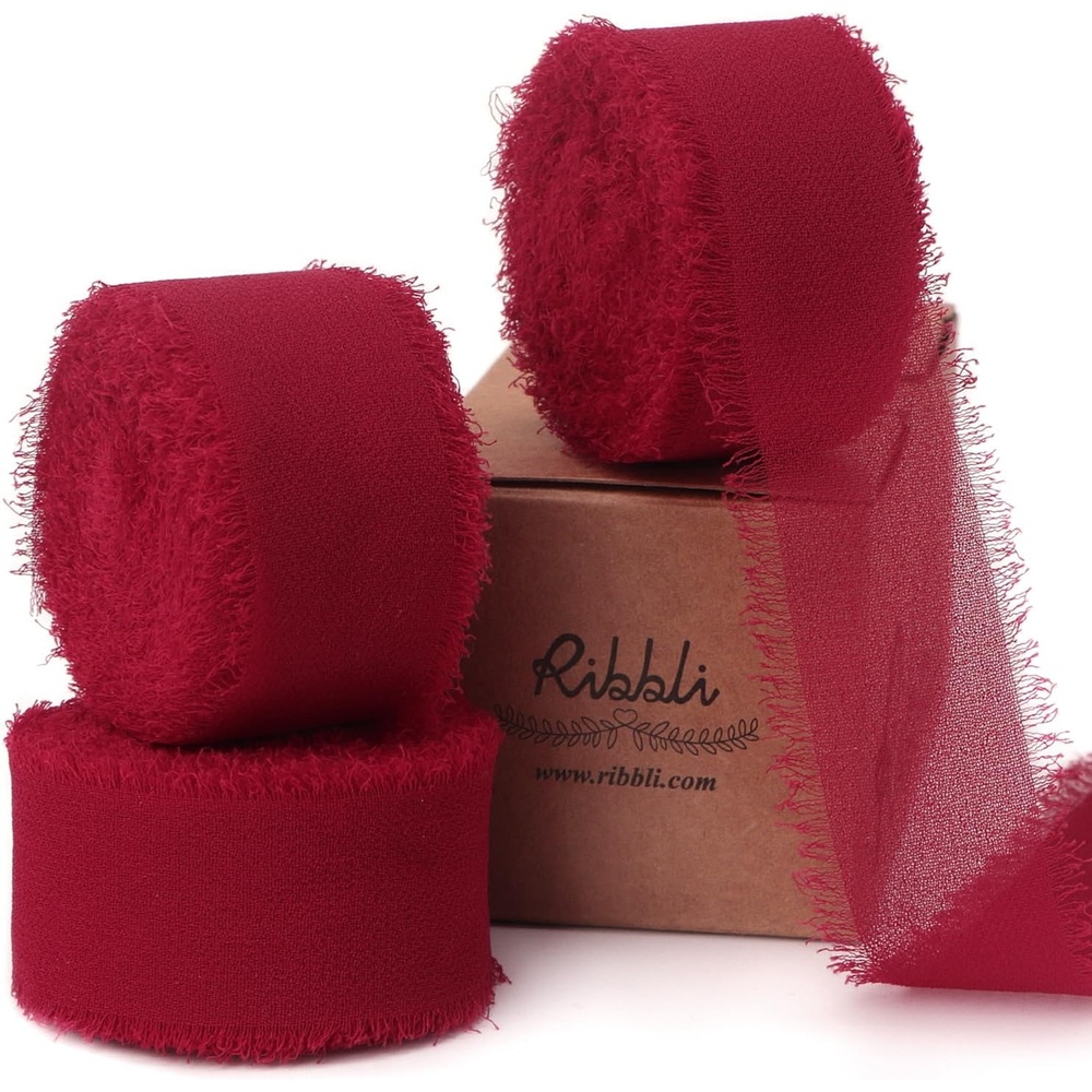 Ribbli Creamy Sage Ribbon 1 Inch x 3 Rolls Total 24 Yards Light Green Handmade Fringe Chiffon Silk Ribbon for Wrapping Wedding Invitations Bridal Bouquets DIY Crafts Home Decor(Dark Red)
