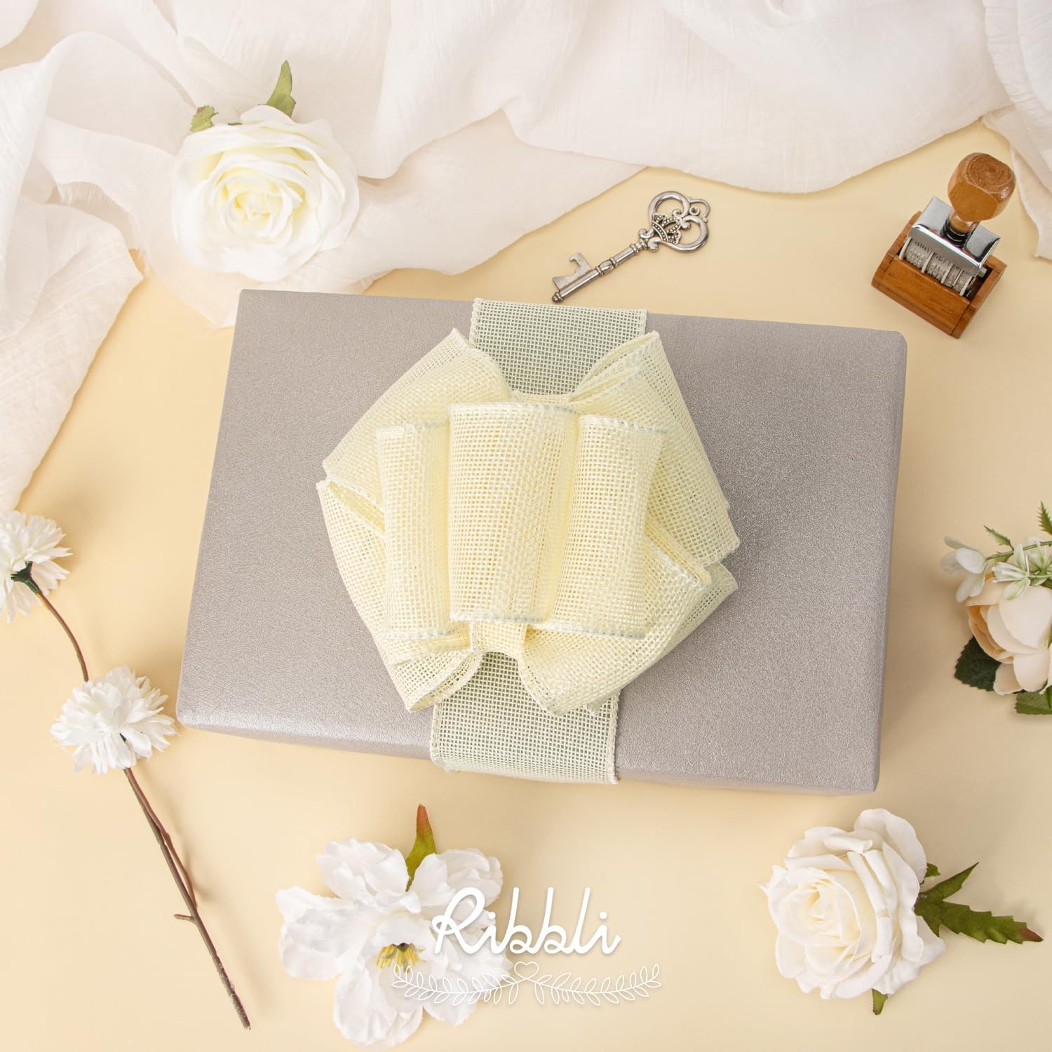 Ribbli Baby Blue Burlap Wired Ribbon,2-1/2 Inch x Continuous 10 Yard, Wired Edge Ribbon for Big Bow,Wreath,Baby Shower Decoration,Outdoor Decoration(Cream)