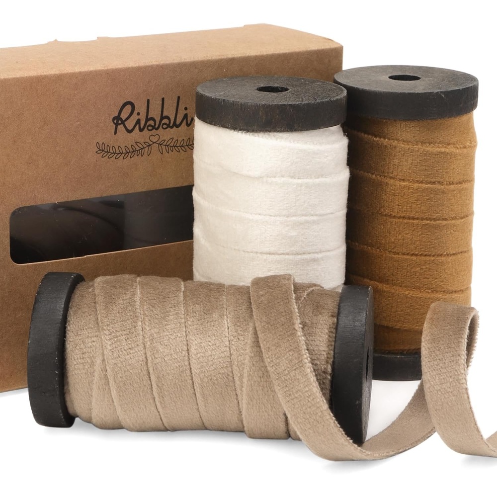 Ribbli Antique Gold Velvet Ribbon 3 Rolls Double Faced 3/8 Inch 18-Yard with Wooden Spool Use for Christmas Tree Ornaments Gift Wrapping Wreath Decoration Wedding Boutonnieres(Camel/Cream/Khaki)
