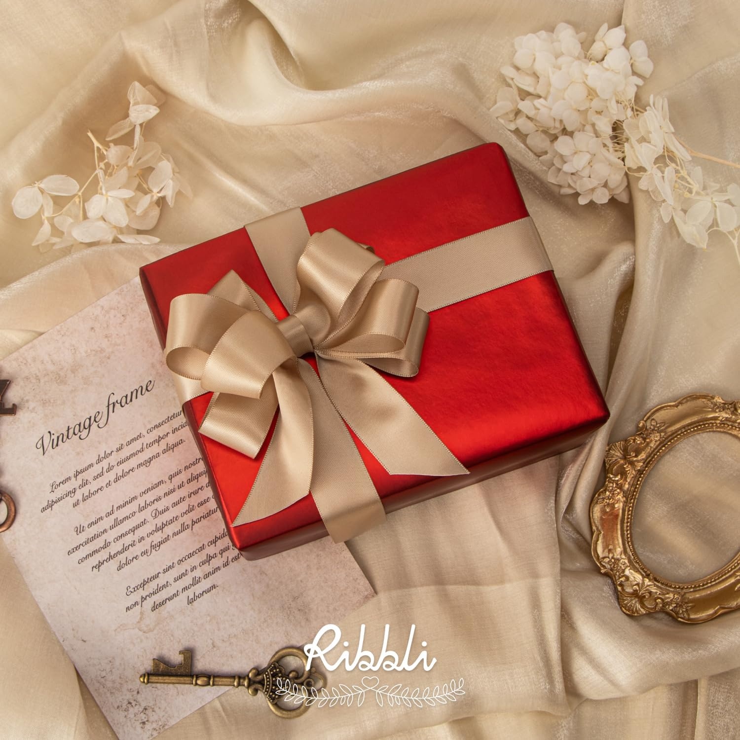 Ribbli Dusty Blue Satin Ribbon Double Faced Satin 1-1/2 Inch x Continuous 50 Yards-Blue Ribbon for Gift Wrapping Crafts Wedding Decoration Bows Bouquet Floral Arrangement(Champagne Gold)