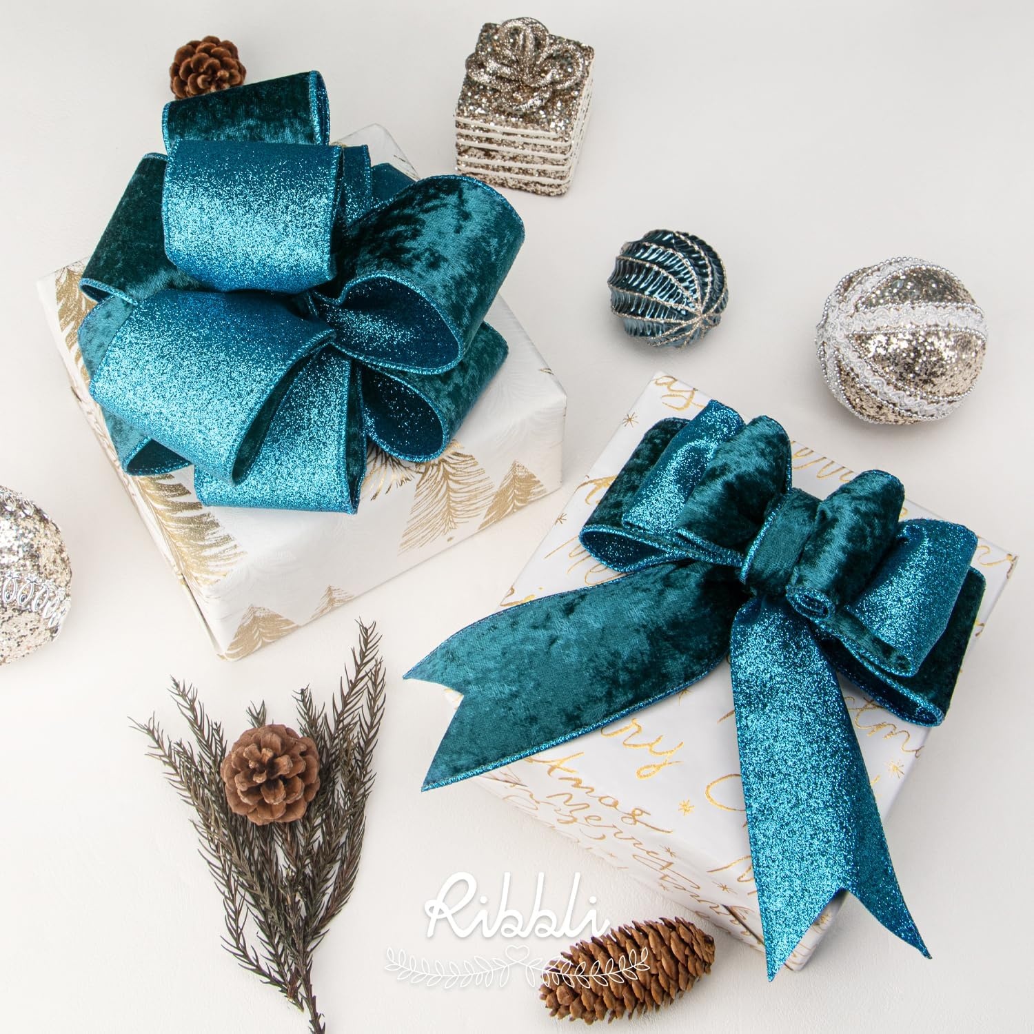 Ribbli Light Champagne Velvet Wired Ribbon 4 Inch Ivory Velvet with Champagne Glitter Christmas Ribbon for Christmas Tree Decoration Big Bow Gift Wrapping Crafts Wreaths Supplies- 10 Yards(Turquoise Blue)