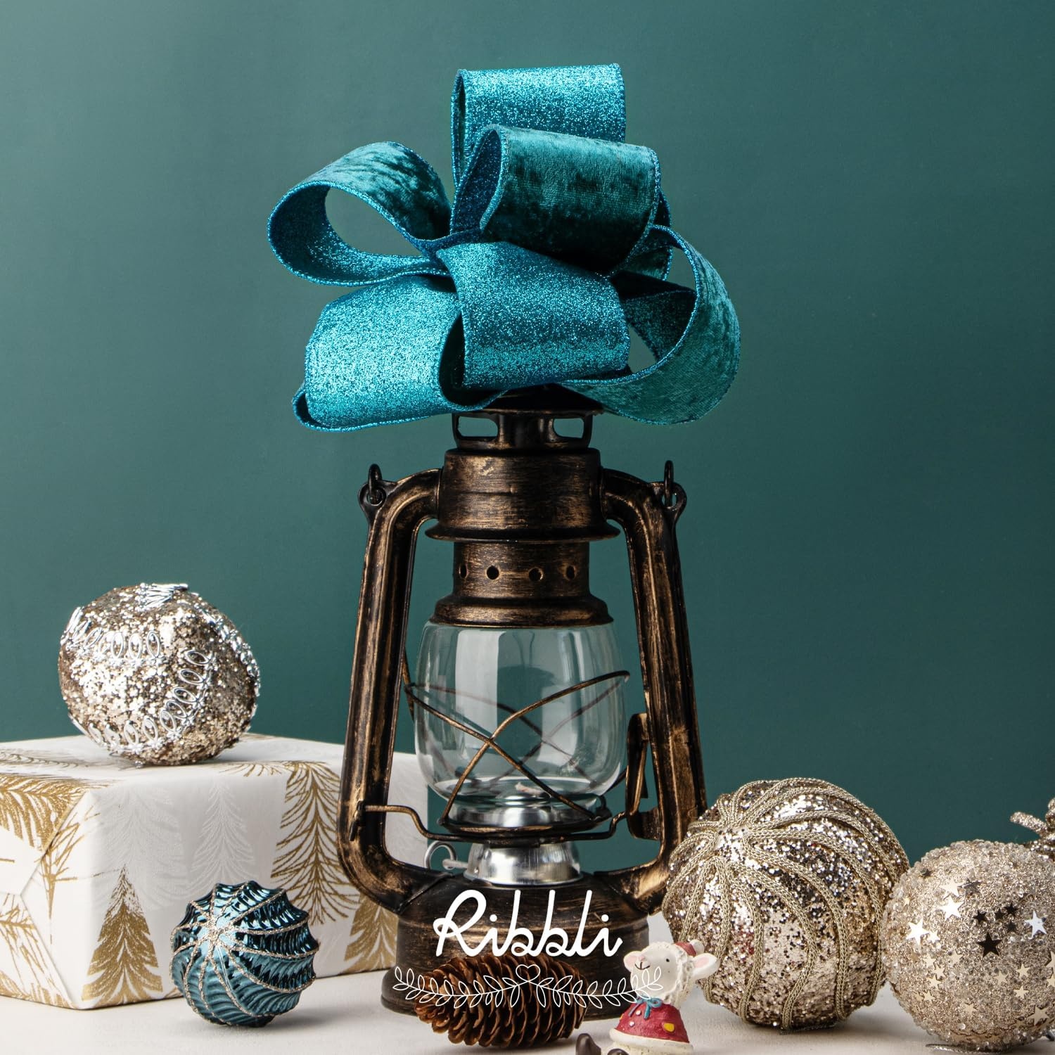 Ribbli Light Champagne Velvet Wired Ribbon 4 Inch Ivory Velvet with Champagne Glitter Christmas Ribbon for Christmas Tree Decoration Big Bow Gift Wrapping Crafts Wreaths Supplies- 10 Yards(Turquoise Blue)
