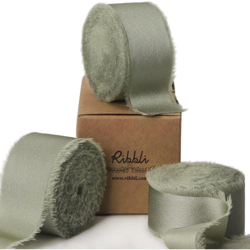 Ribbli Terracotta Silk Satin Ribbon 1.5 Inch x 30 Yard Handmade Frayed Chiffon Burnt Orange Ribbon for Gift Wrapping Wedding Invitations Bridal Bouquets Home Decor(Dusty Green)