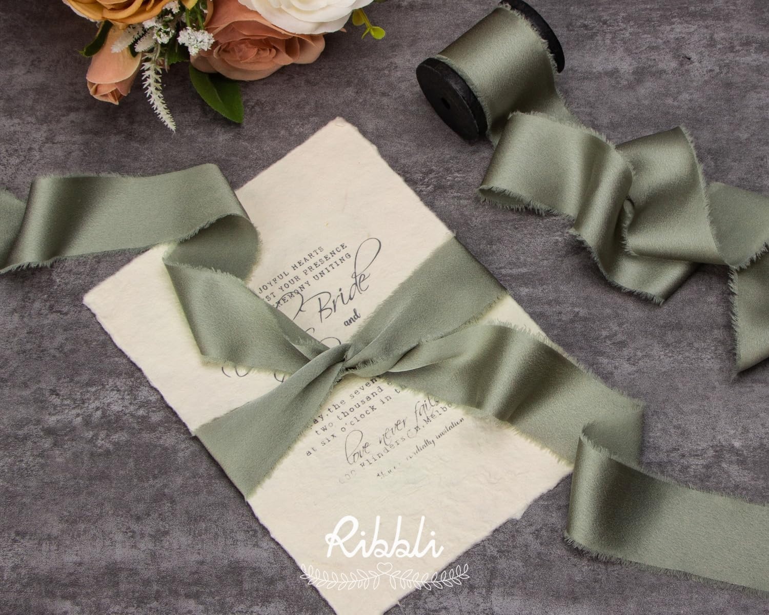 Ribbli Terracotta Silk Satin Ribbon 1.5 Inch x 30 Yard Handmade Frayed Chiffon Burnt Orange Ribbon for Gift Wrapping Wedding Invitations Bridal Bouquets Home Decor(Dusty Green)