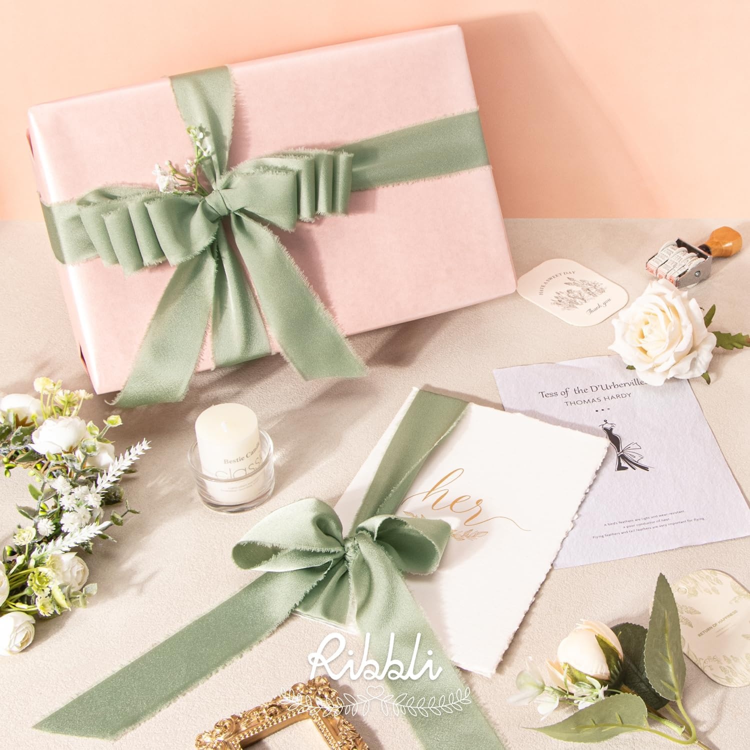 Ribbli Terracotta Silk Satin Ribbon 1.5 Inch x 30 Yard Handmade Frayed Chiffon Burnt Orange Ribbon for Gift Wrapping Wedding Invitations Bridal Bouquets Home Decor(Dusty Green)