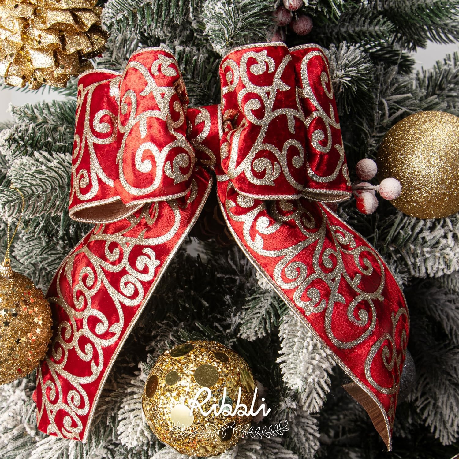 Ribbli Black Velvet Ribbon Wired with Glitter Swirl 4 Inch Christmas Ribbon for Christmas Tree Decoration Big Bow Gift Wrapping Crafts Wreaths Supplies – 10 Yards(Red)