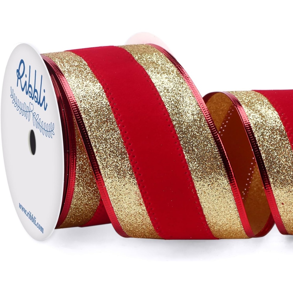 Ribbli Black Velvet Wired Ribbon with White Snow Drift Edge, 4 Inch x 10 Yard Christmas Ribbon for Big Bow,Gift Wrapping,Wreath,Tree Decoration(Gold/Red)