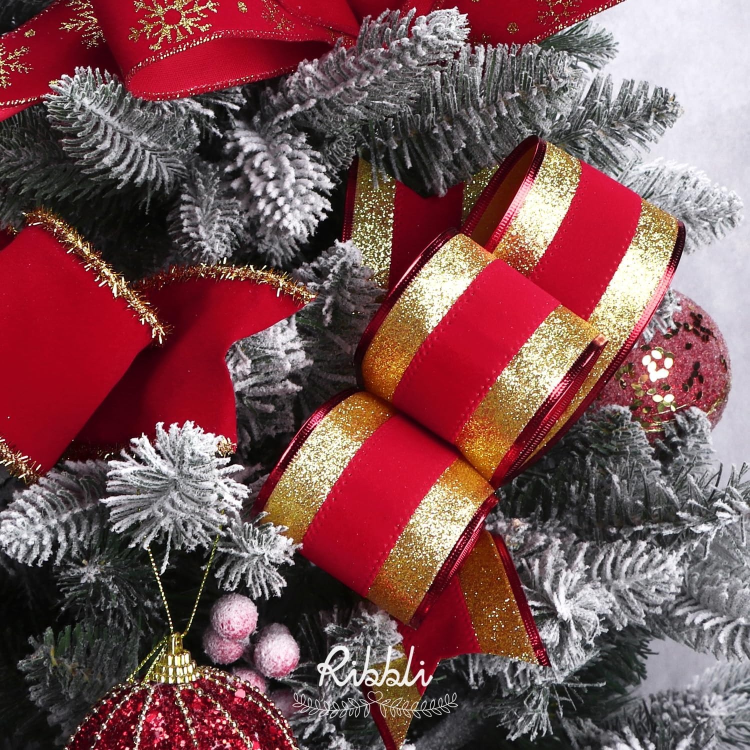 Ribbli Black Velvet Wired Ribbon with White Snow Drift Edge, 4 Inch x 10 Yard Christmas Ribbon for Big Bow,Gift Wrapping,Wreath,Tree Decoration(Gold/Red)