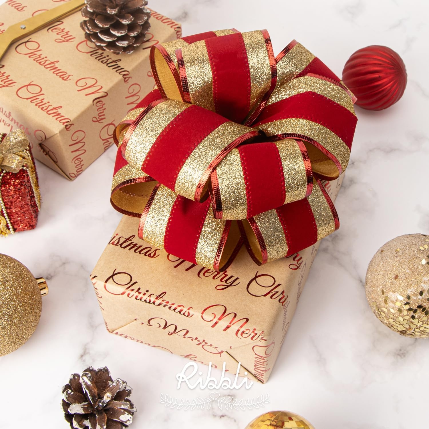 Ribbli Black Velvet Wired Ribbon with White Snow Drift Edge, 4 Inch x 10 Yard Christmas Ribbon for Big Bow,Gift Wrapping,Wreath,Tree Decoration(Gold/Red)