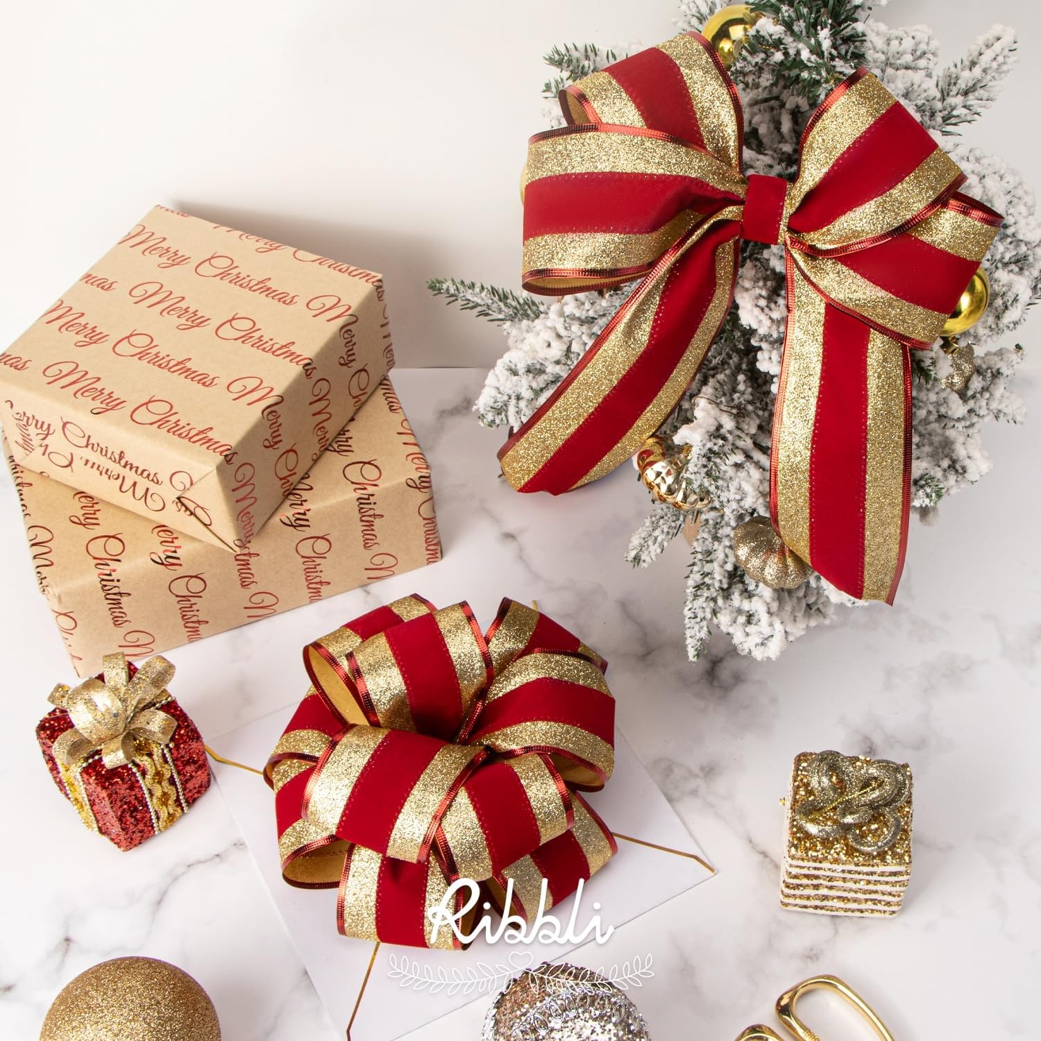 Ribbli Black Velvet Wired Ribbon with White Snow Drift Edge, 4 Inch x 10 Yard Christmas Ribbon for Big Bow,Gift Wrapping,Wreath,Tree Decoration(Gold/Red)