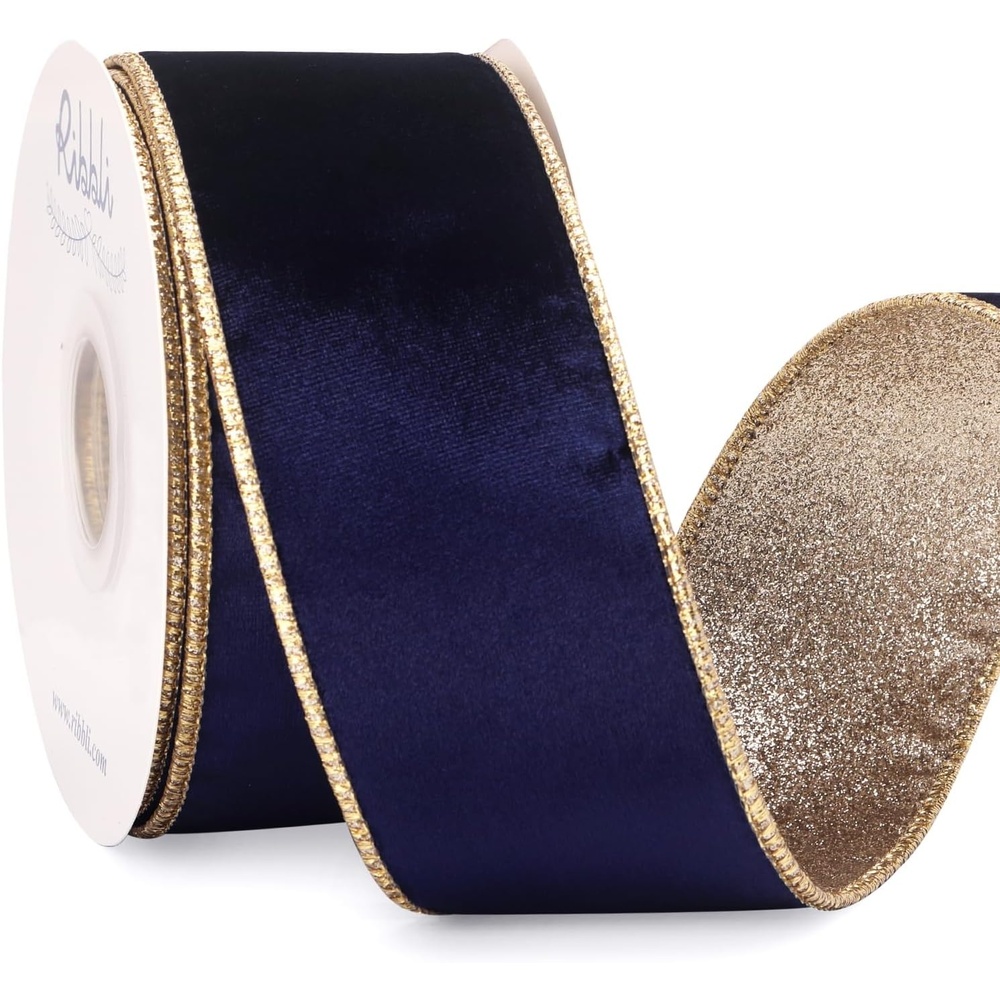 Ribbli Moss Green Velvet Ribbon Wired 2.5 Inch Glossy Velvet with Gold Glitter Christmas Ribbon for Christmas Tree Decoration Big Bow Gift Wrapping Crafts Wreaths Supplies – Continuous 10 Yards(Navy)