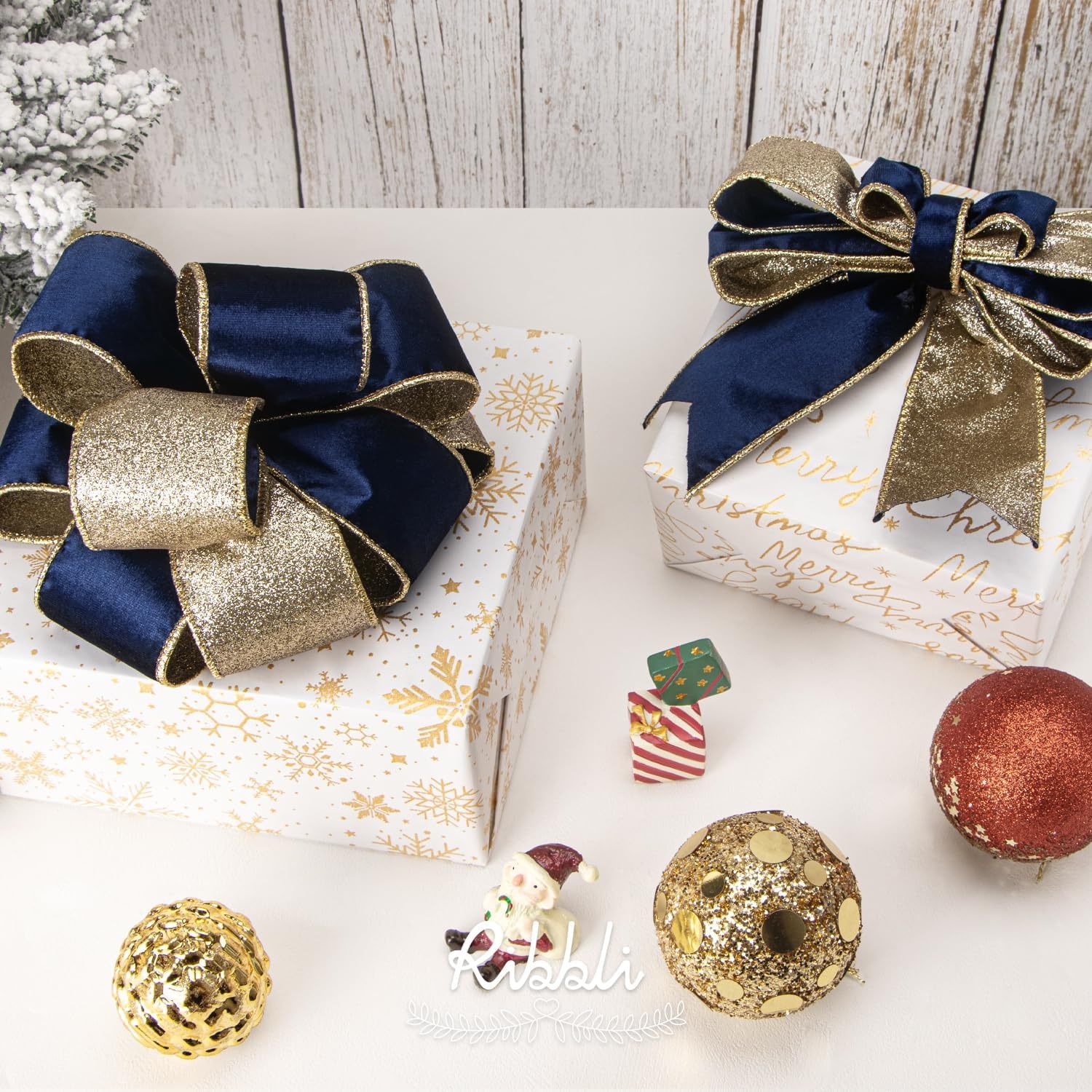 Ribbli Moss Green Velvet Ribbon Wired 2.5 Inch Glossy Velvet with Gold Glitter Christmas Ribbon for Christmas Tree Decoration Big Bow Gift Wrapping Crafts Wreaths Supplies – Continuous 10 Yards(Navy)