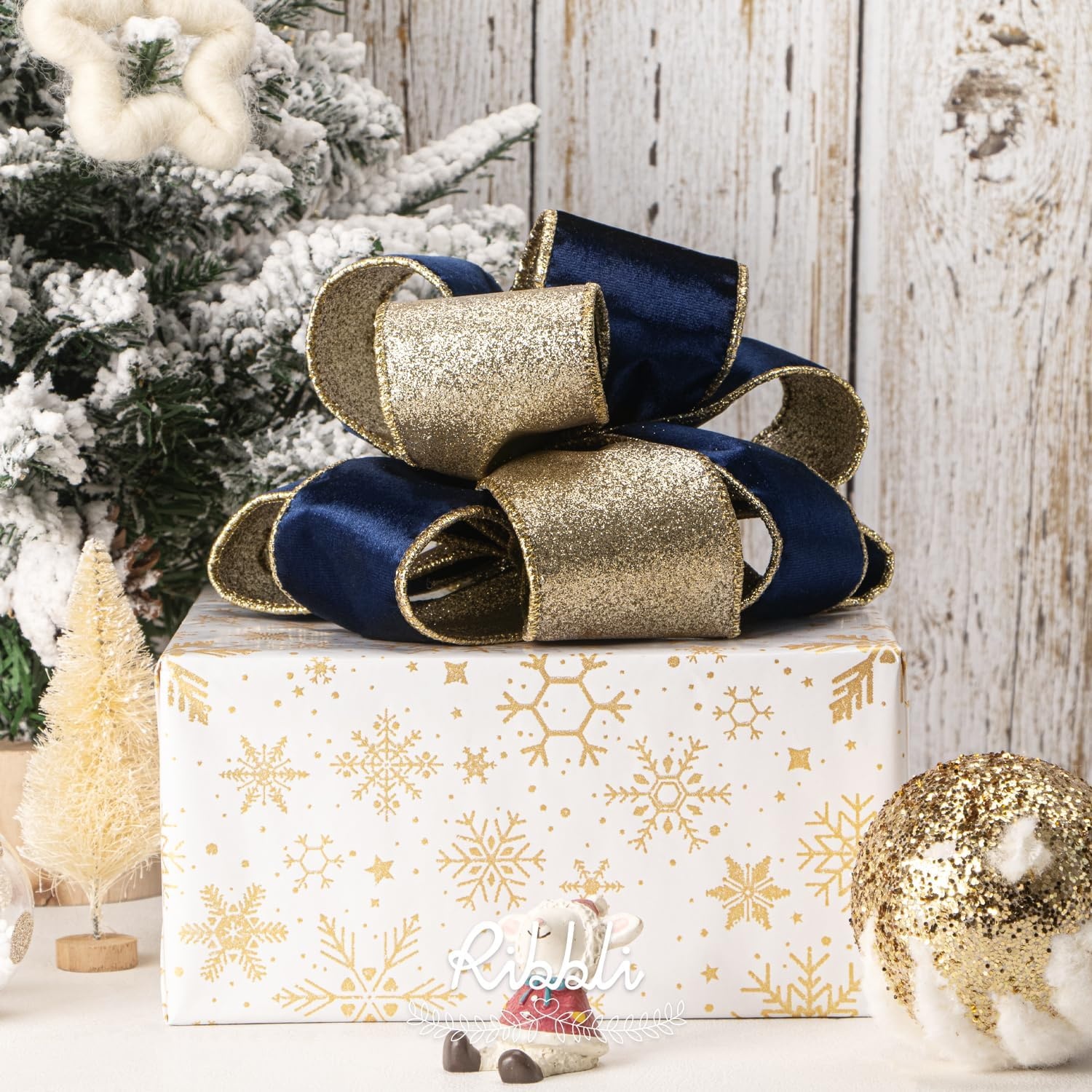 Ribbli Moss Green Velvet Ribbon Wired 2.5 Inch Glossy Velvet with Gold Glitter Christmas Ribbon for Christmas Tree Decoration Big Bow Gift Wrapping Crafts Wreaths Supplies – Continuous 10 Yards(Navy)