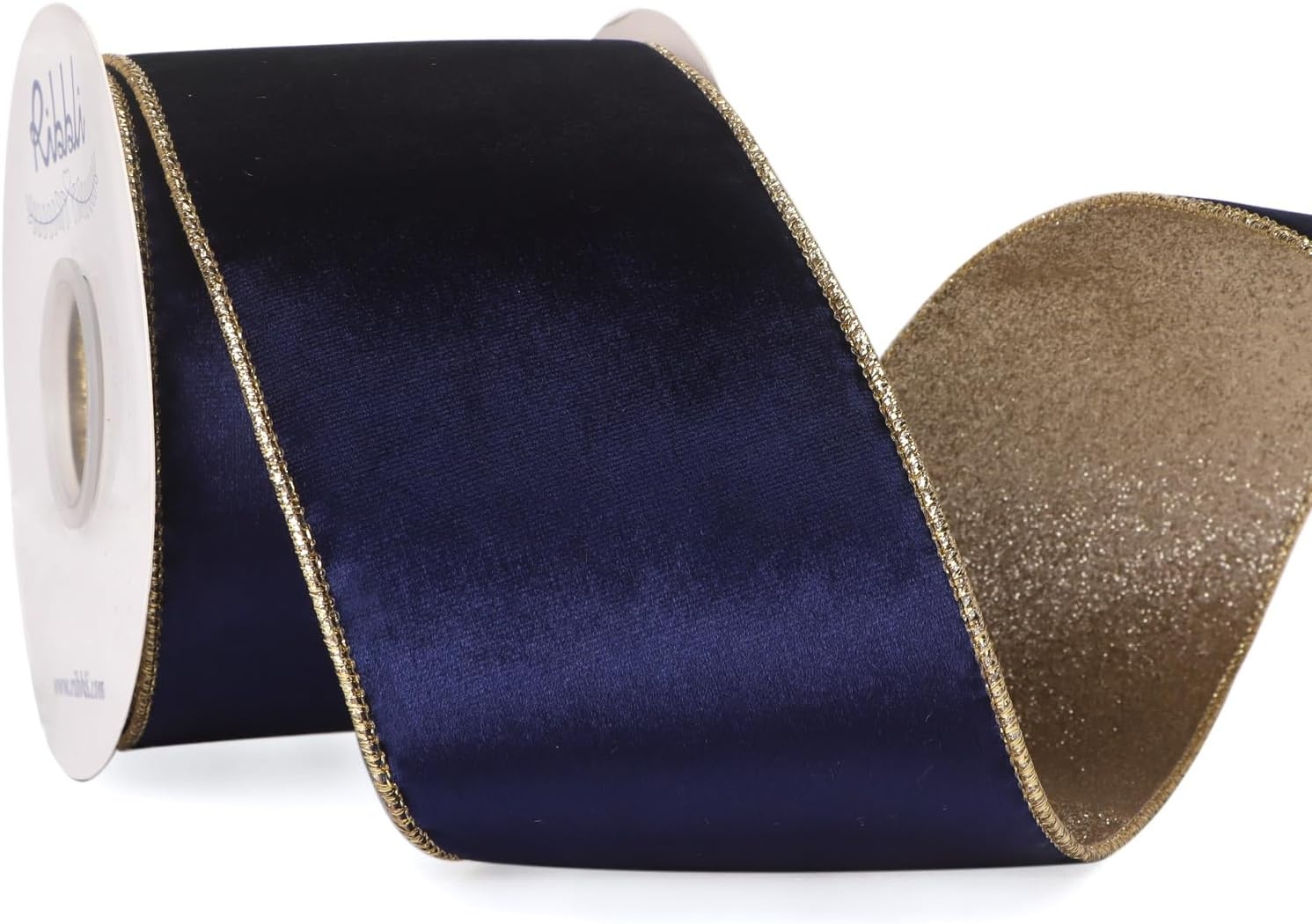 Ribbli Moss Green Velvet Ribbon Wired 2.5 Inch Glossy Velvet with Gold Glitter Christmas Ribbon for Christmas Tree Decoration Big Bow Gift Wrapping Crafts Wreaths Supplies – Continuous 10 Yards(Navy)