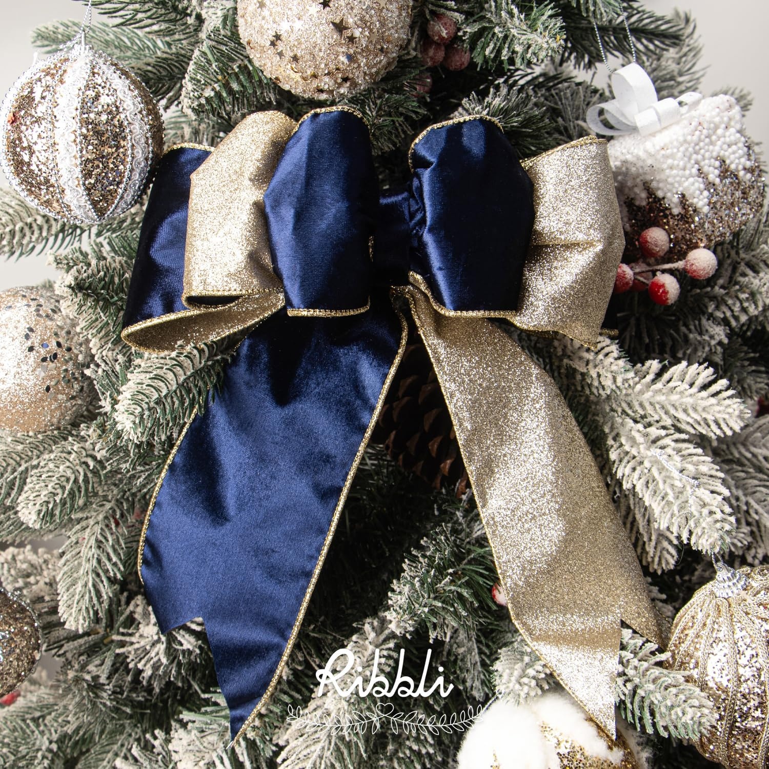 Ribbli Moss Green Velvet Ribbon Wired 2.5 Inch Glossy Velvet with Gold Glitter Christmas Ribbon for Christmas Tree Decoration Big Bow Gift Wrapping Crafts Wreaths Supplies – Continuous 10 Yards(Navy)