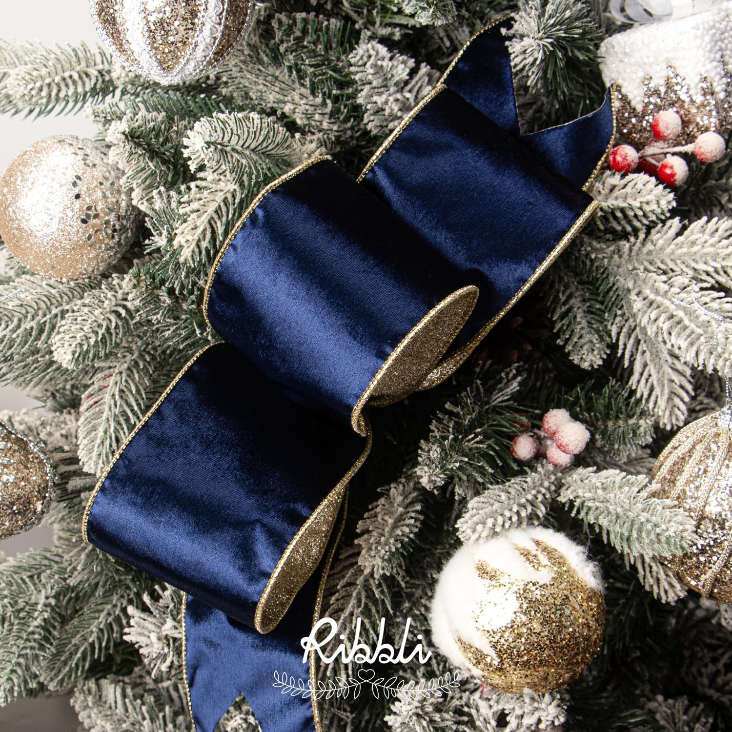 Ribbli Moss Green Velvet Ribbon Wired 2.5 Inch Glossy Velvet with Gold Glitter Christmas Ribbon for Christmas Tree Decoration Big Bow Gift Wrapping Crafts Wreaths Supplies – Continuous 10 Yards(Navy)
