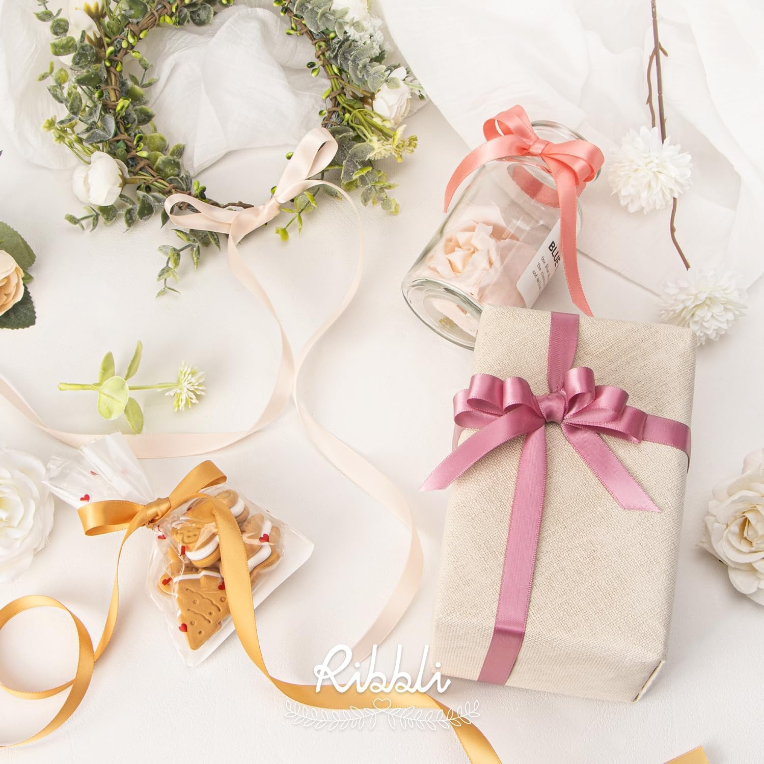 Ribbli Dusty Sage Satin Ribbon Double Faced Satin 1/2 inch x Continuous 50 Yards-Spring Moss Ribbon for Gift Wrapping Crafts Wedding Decoration Bows Bouquet Floral Arrangement(Champagne Pink)